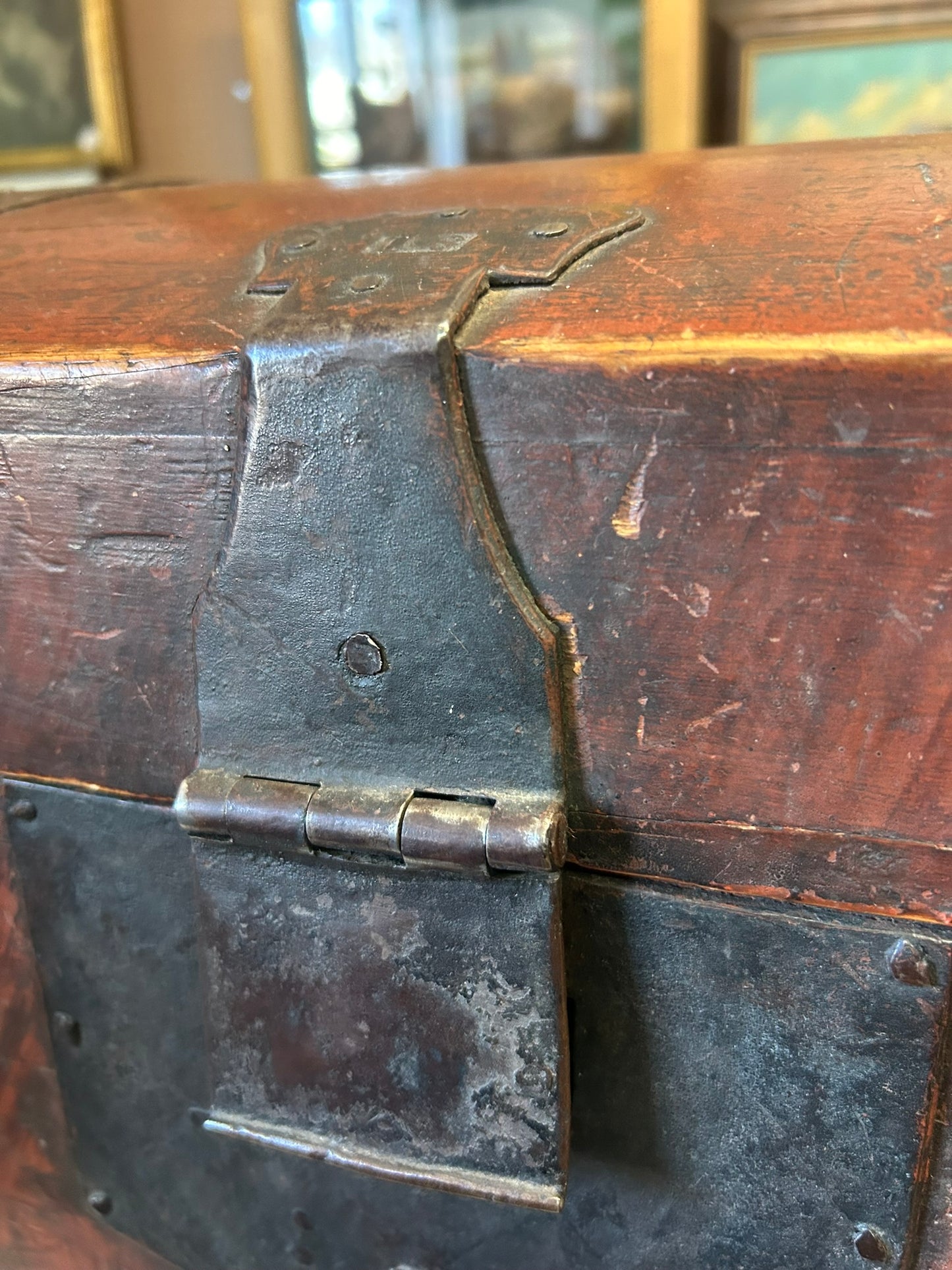 ANTIQUE EARLY DOME TOP CHEST WITH HAND FORGED HARDWARE