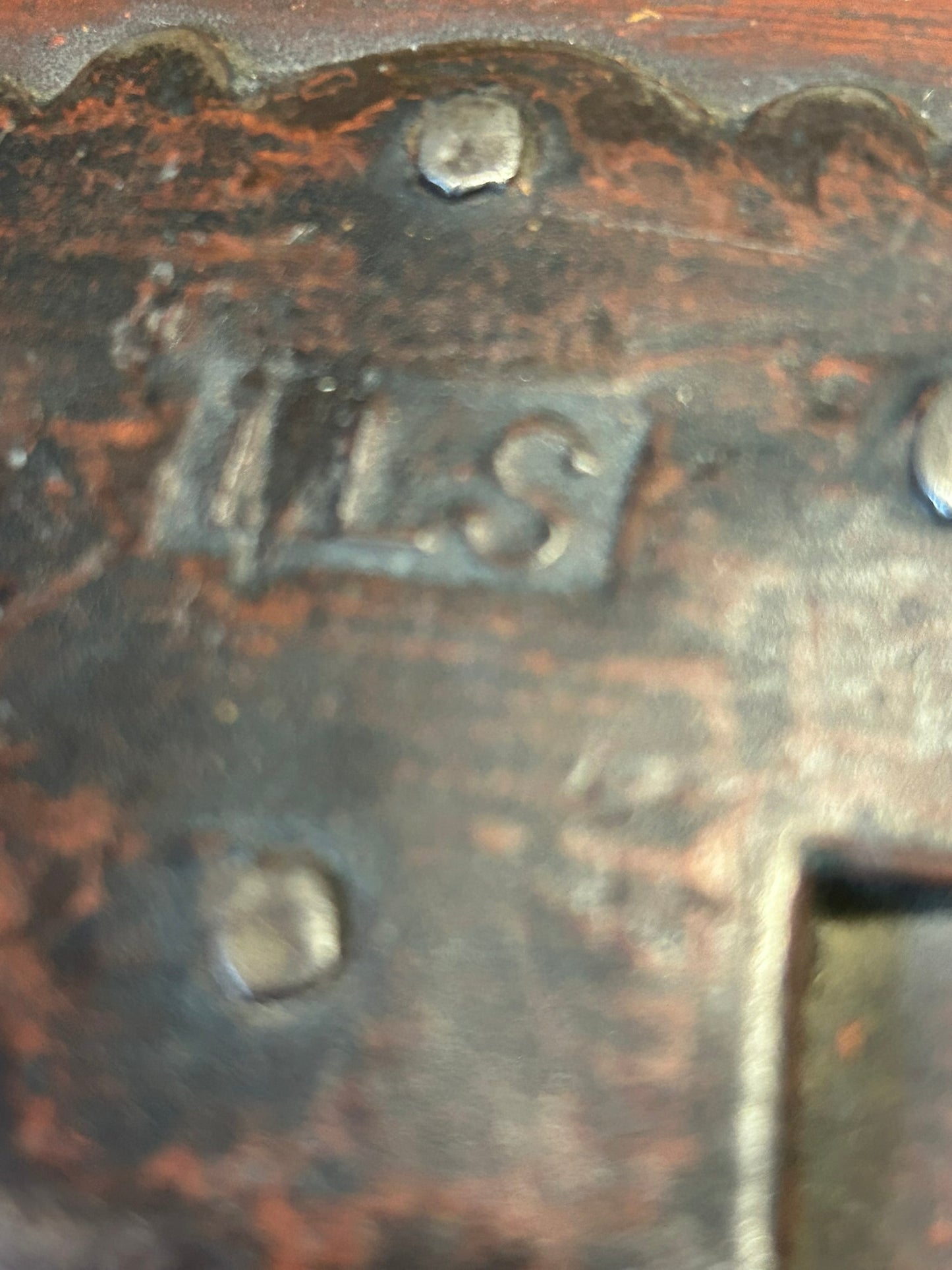 ANTIQUE EARLY DOME TOP CHEST WITH HAND FORGED HARDWARE