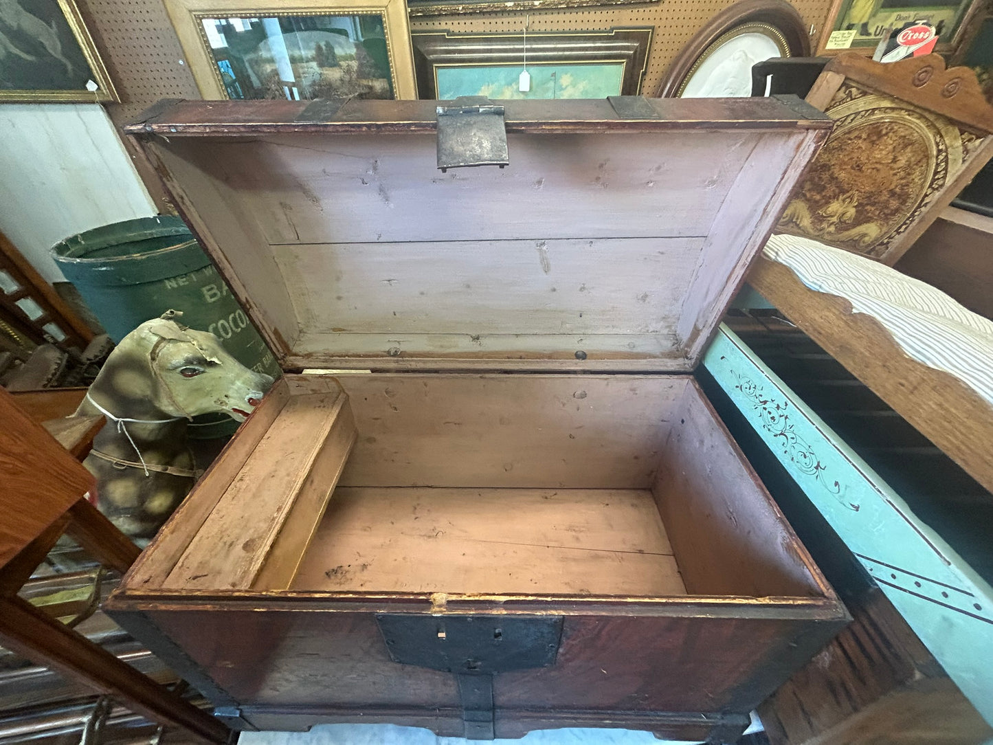 ANTIQUE EARLY DOME TOP CHEST WITH HAND FORGED HARDWARE