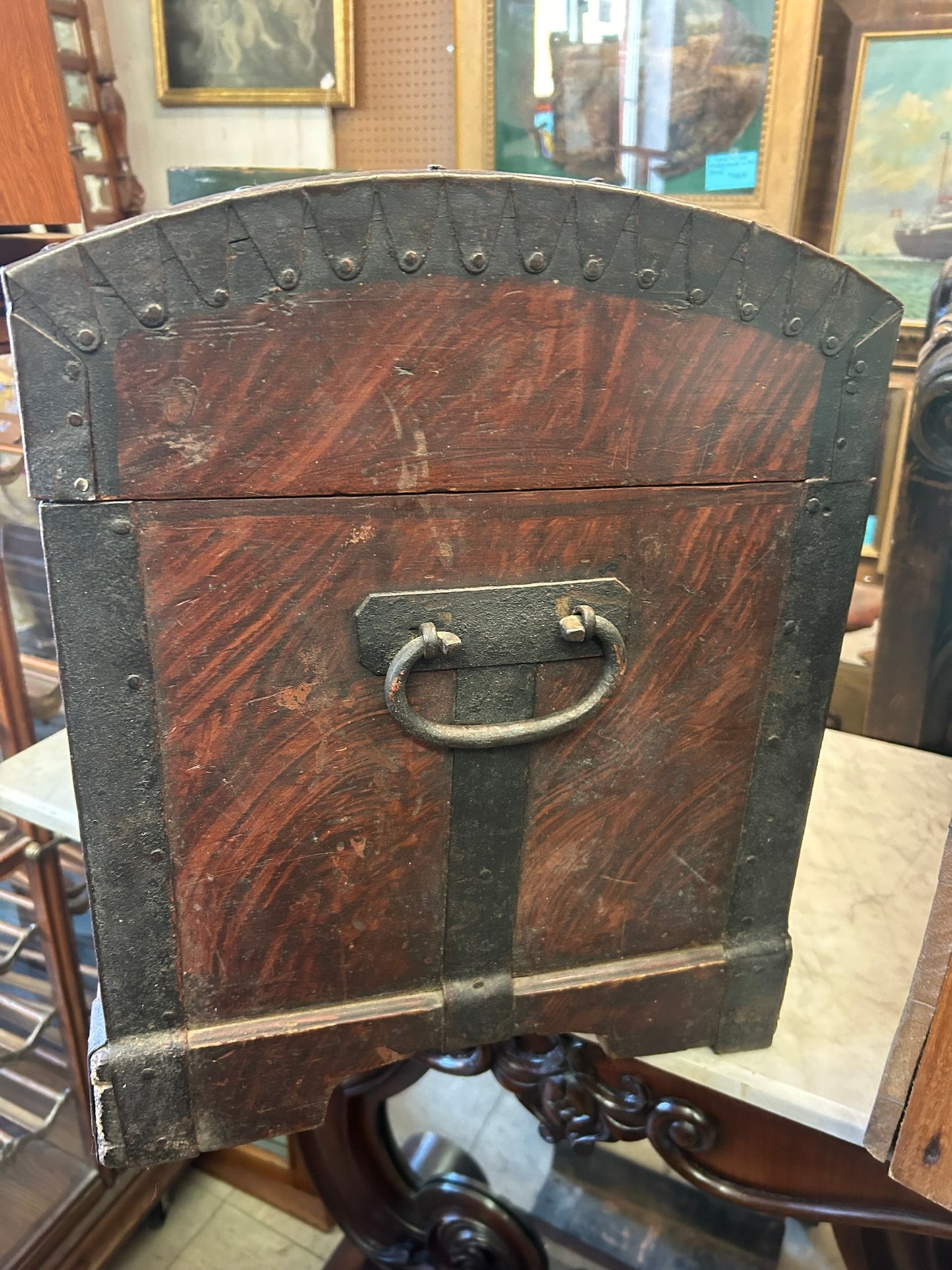 ANTIQUE EARLY DOME TOP CHEST WITH HAND FORGED HARDWARE