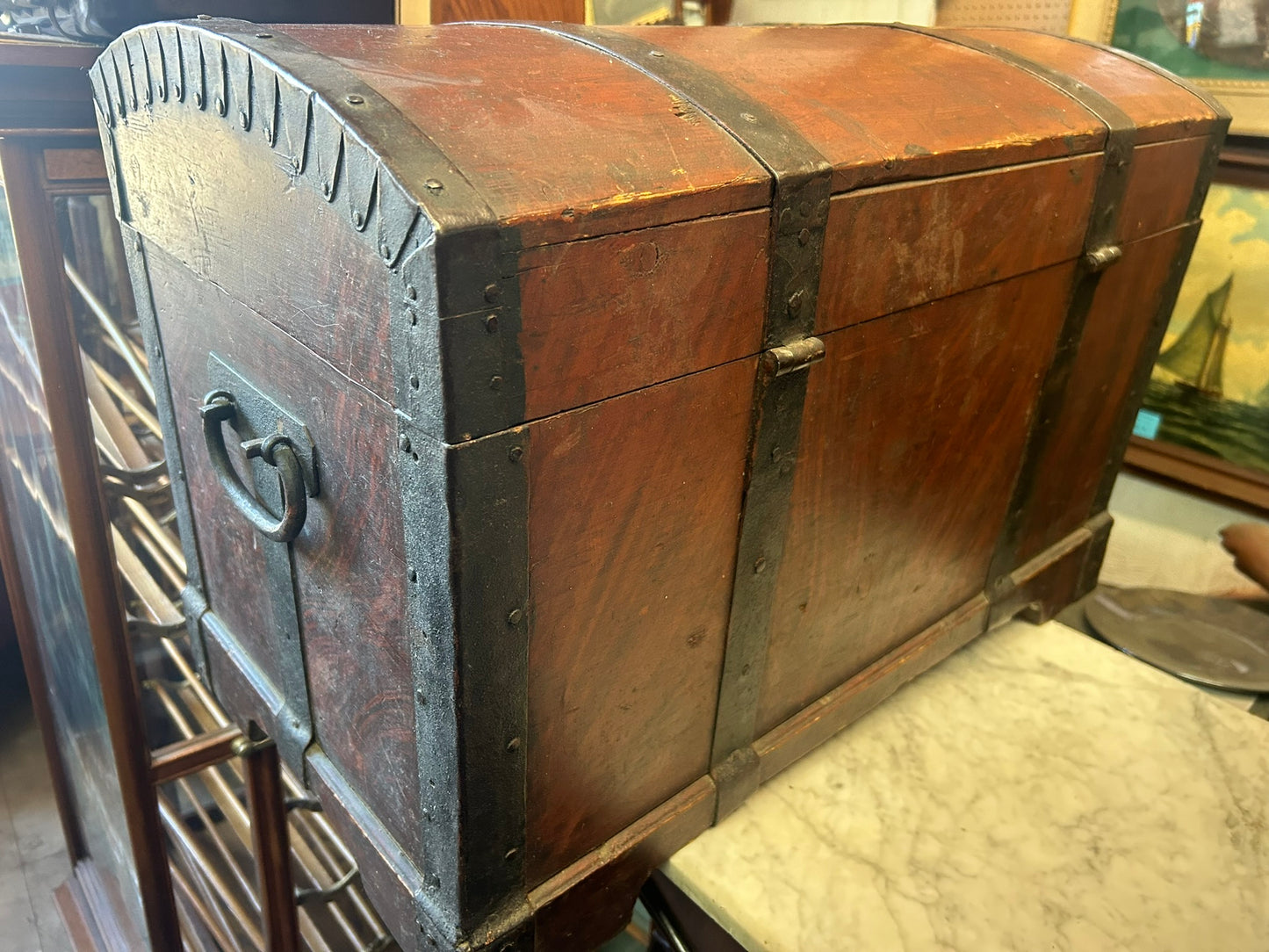 ANTIQUE EARLY DOME TOP CHEST WITH HAND FORGED HARDWARE