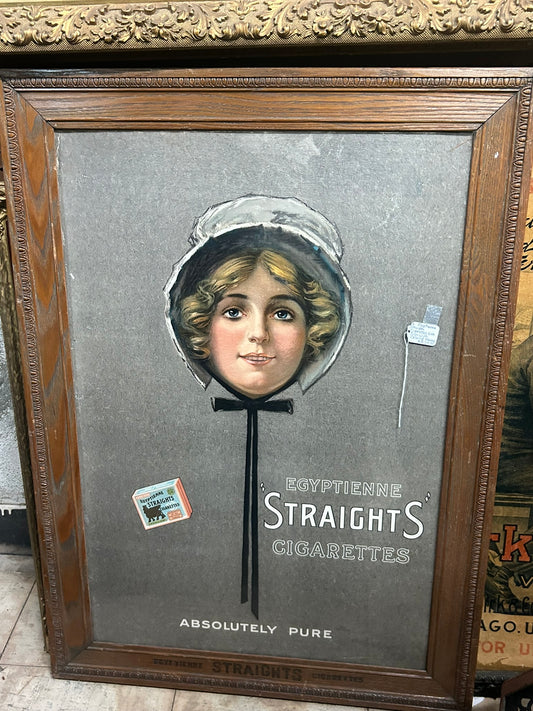 EGYPTIENNE STRAIGHTS CIGARETTES ANTIQUE LITHO ADVERTISING SIGN