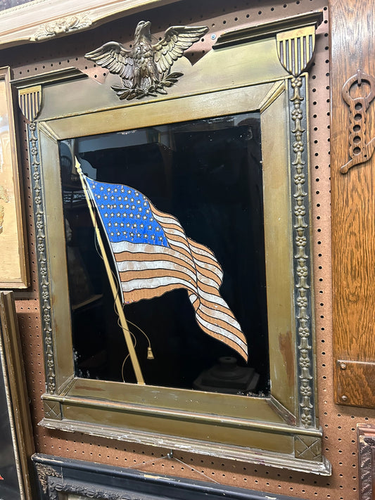 ANTIQUE REVERSE PAINTED FLAG PICTURE IN PATRIOTIC FRAME