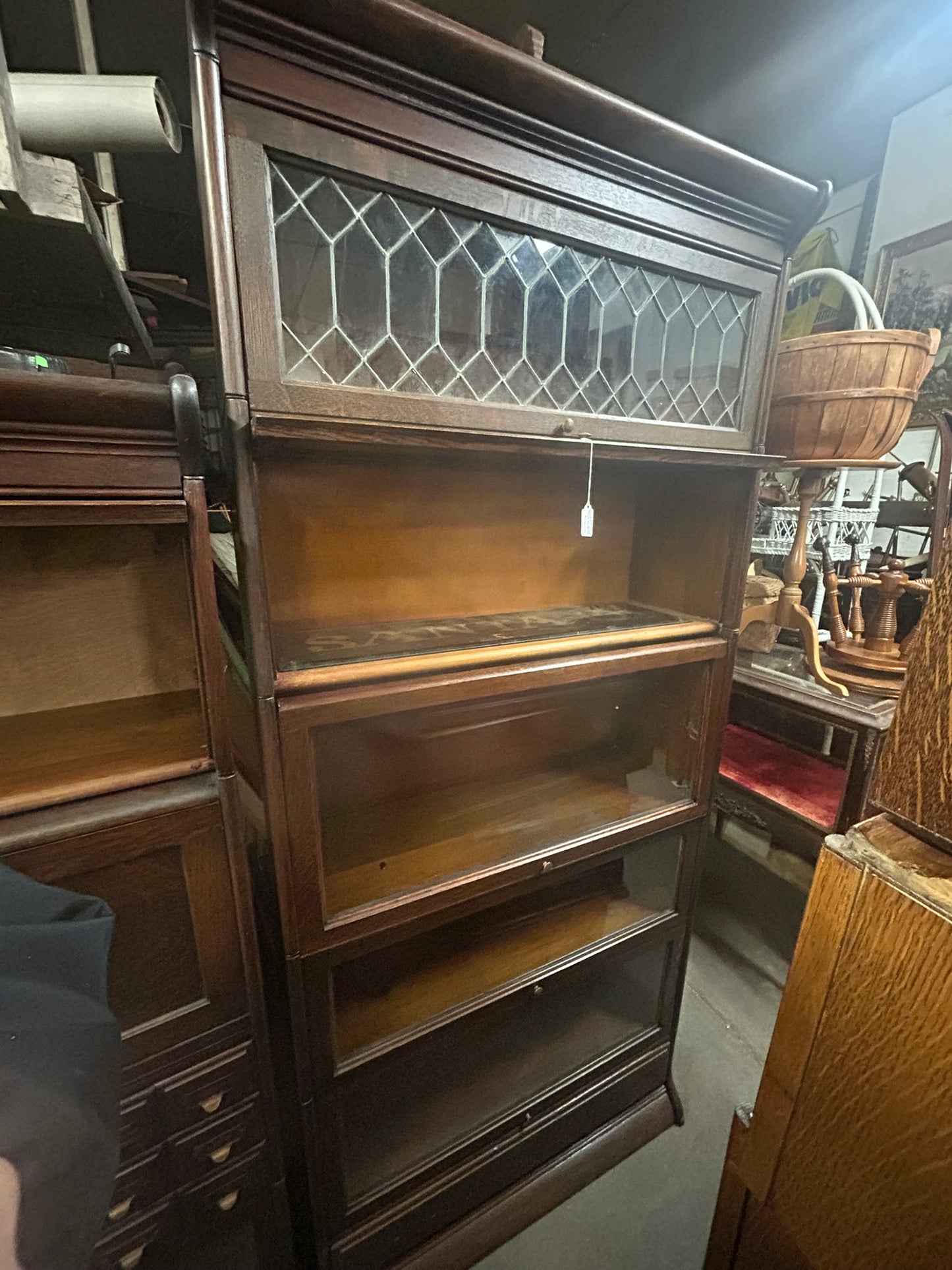 ANTIQUE OAK FIVE SECTION OAK LEADED GLASS TOP BARRISTER BOOKCASE