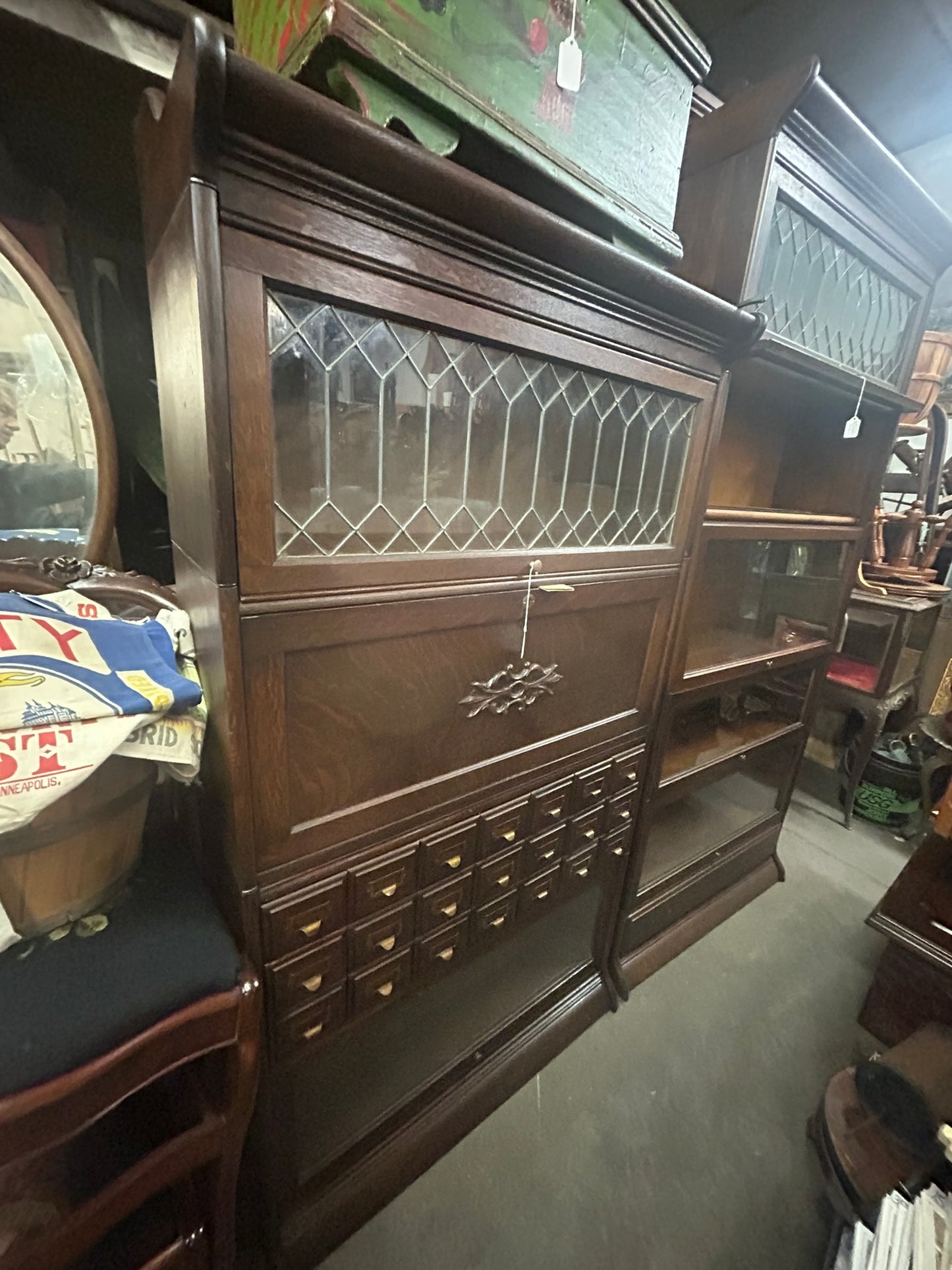 ANTIQUE OAK FOUR STACK BARRISTER BOOKCASE WITH FILE & DESK SECTION