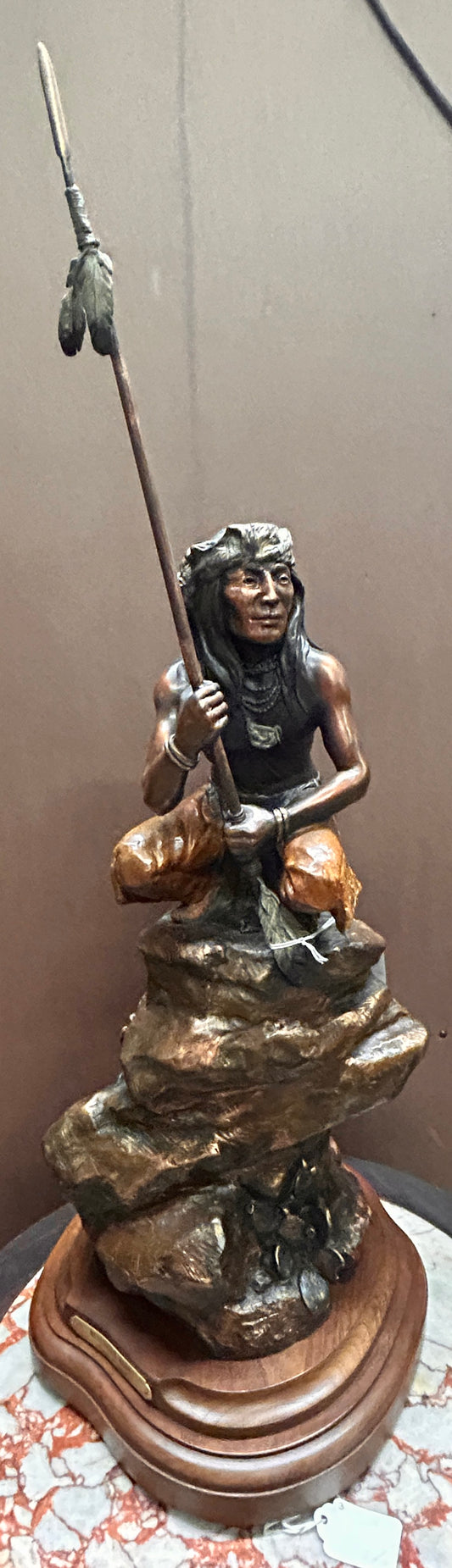 SUSAN KLIEWER BRONZE OF NATIVE AMERICAN HOLDING STAFF