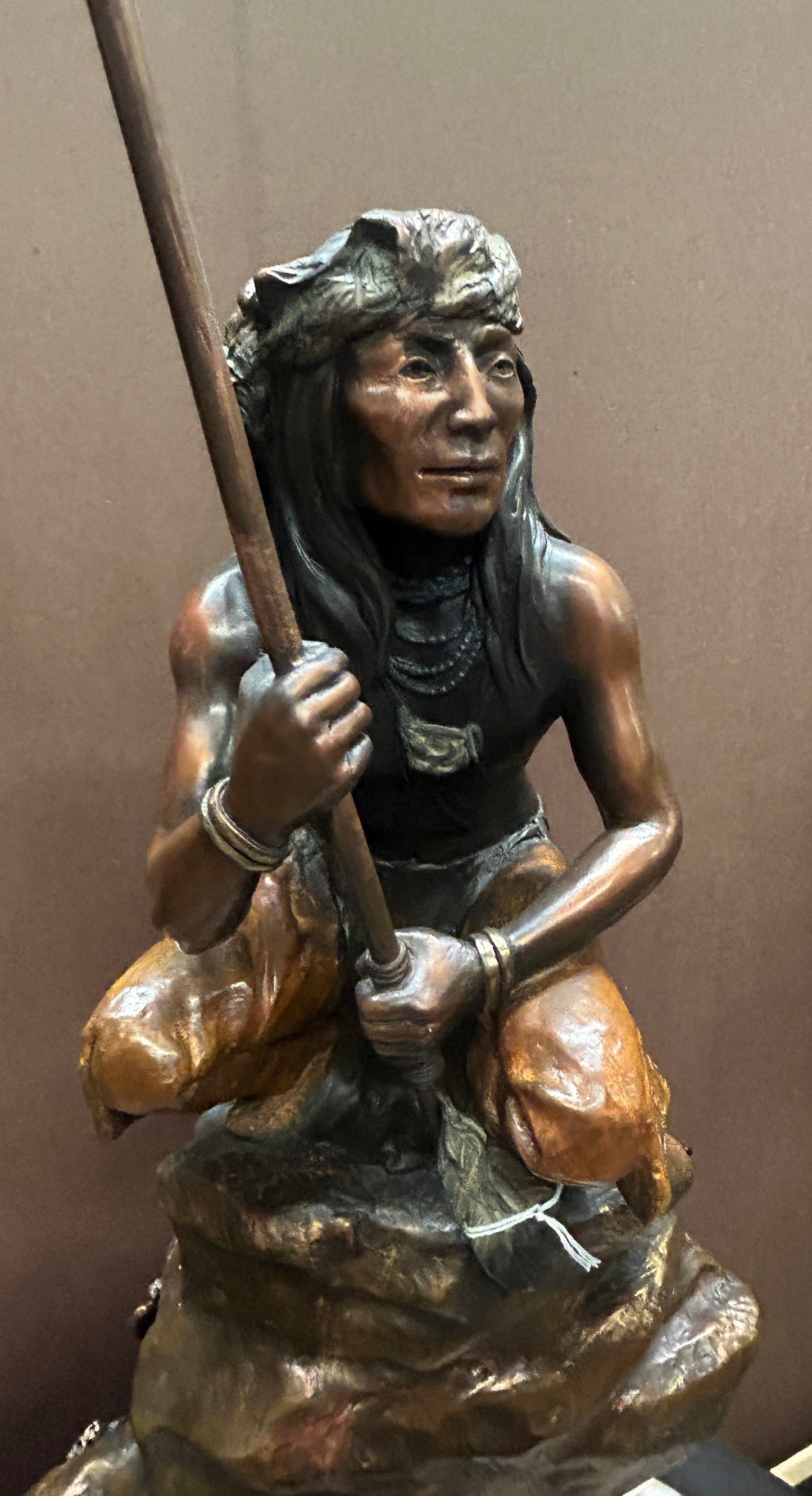 SUSAN KLIEWER BRONZE OF NATIVE AMERICAN HOLDING STAFF