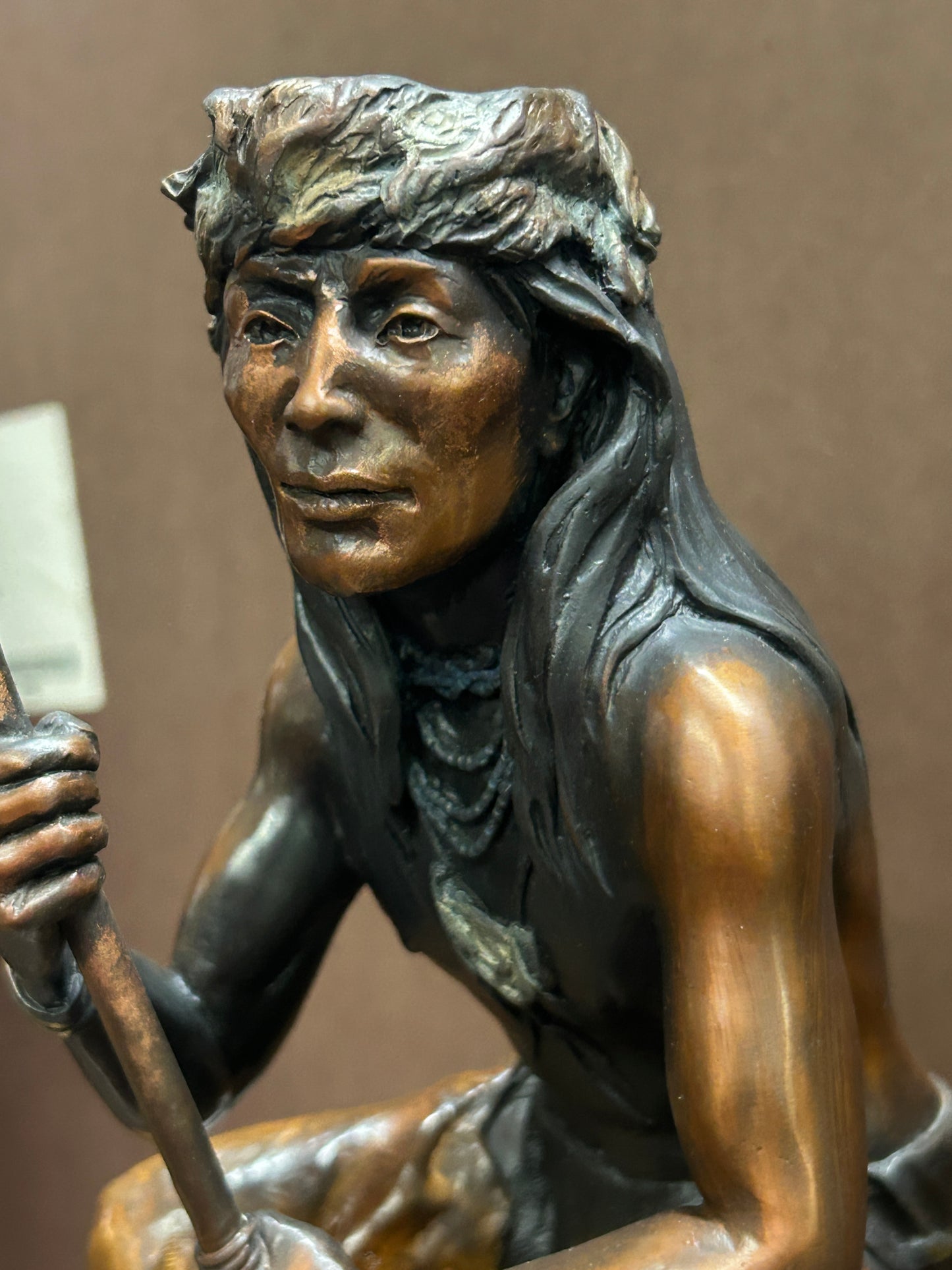 SUSAN KLIEWER BRONZE OF NATIVE AMERICAN HOLDING STAFF