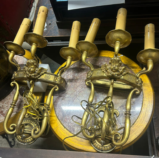 ANTIQUE PAIR OF BRASS WALL SCONCES WITH ANGEL FACES