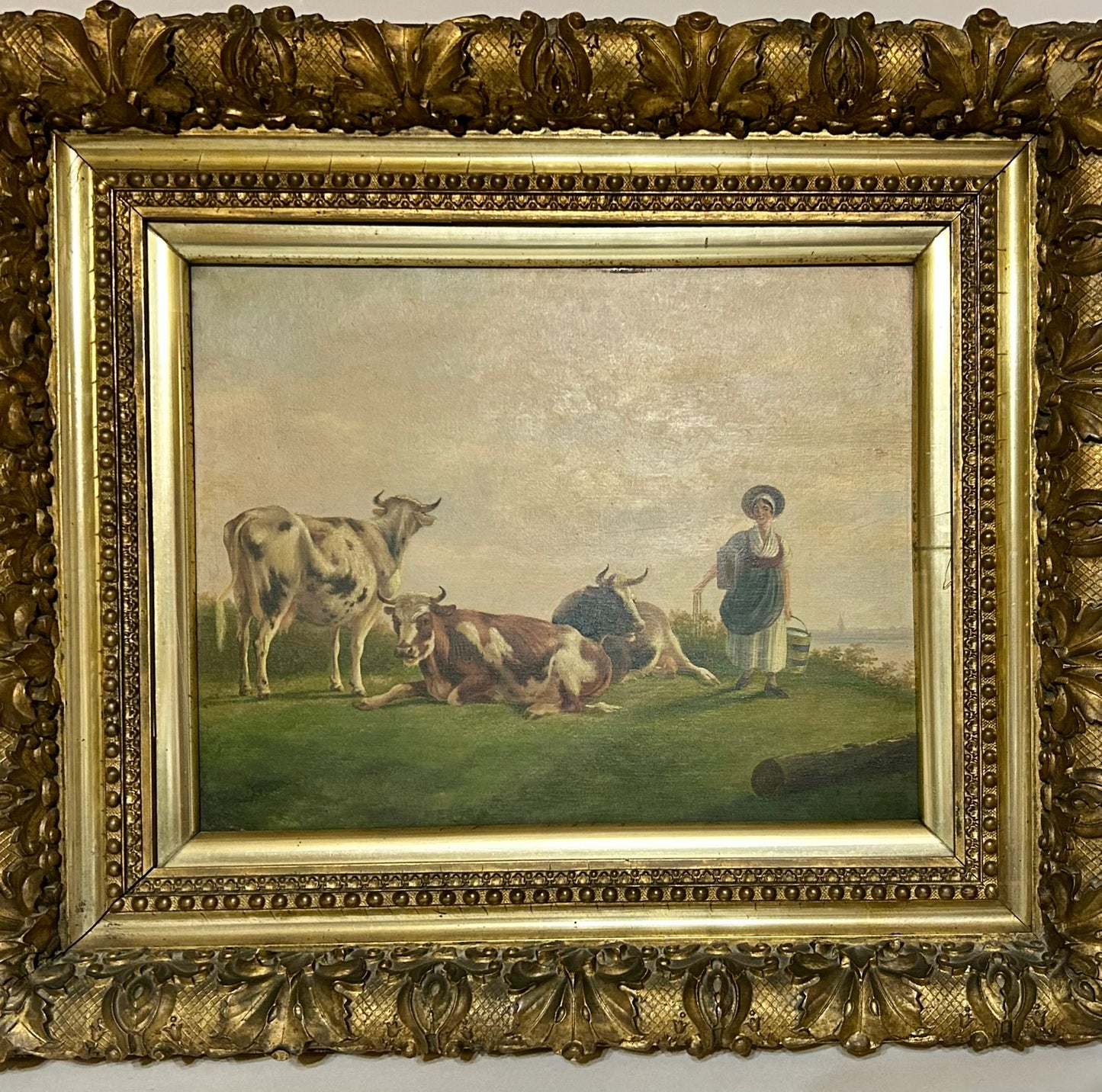 ALBERTUS VERHOESEN 1806-1881 WOMAN WITH COWS PAINTING