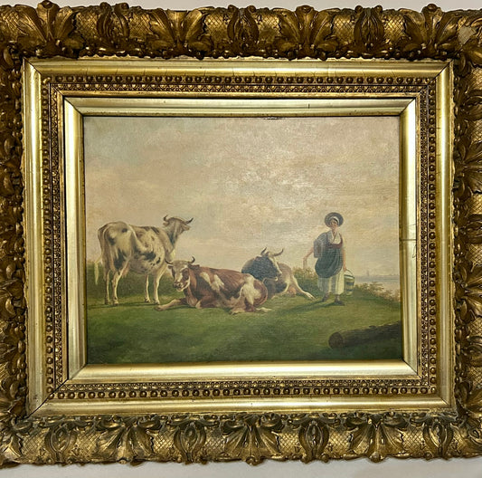 ALBERTUS VERHOESEN 1806-1881 WOMAN WITH COWS PAINTING