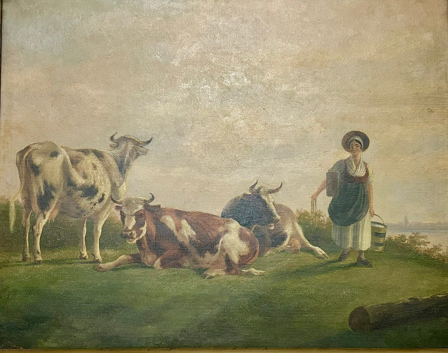 ALBERTUS VERHOESEN 1806-1881 WOMAN WITH COWS PAINTING