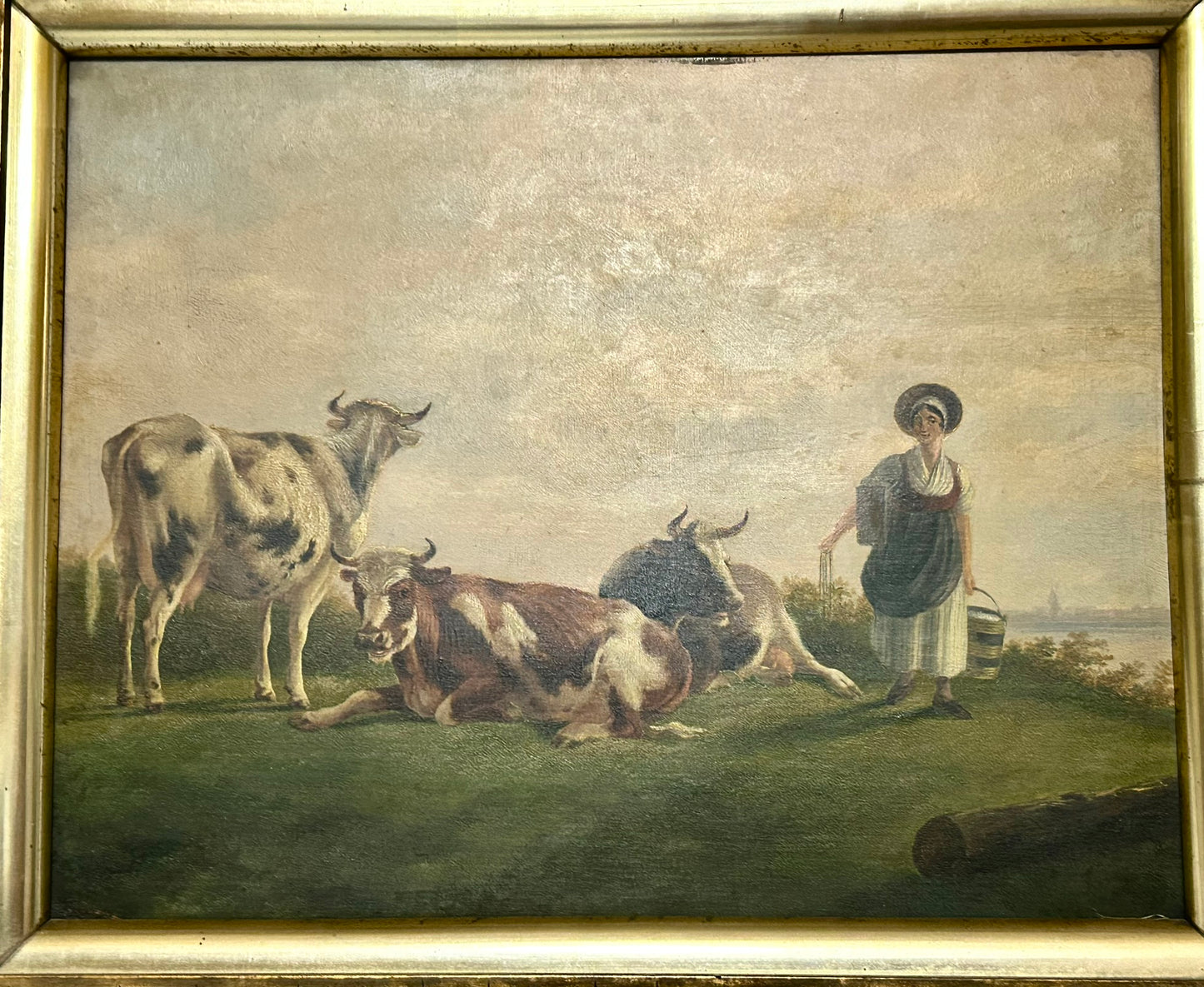 ALBERTUS VERHOESEN 1806-1881 WOMAN WITH COWS PAINTING