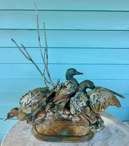 SHERRY SANDER BRONZE SCULPTURE OF THREE DUCKS