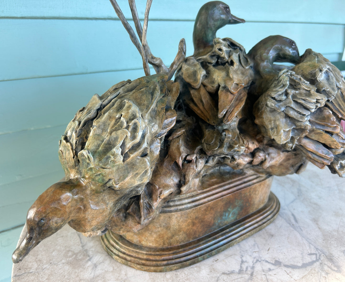 SHERRY SANDER BRONZE SCULPTURE OF THREE DUCKS