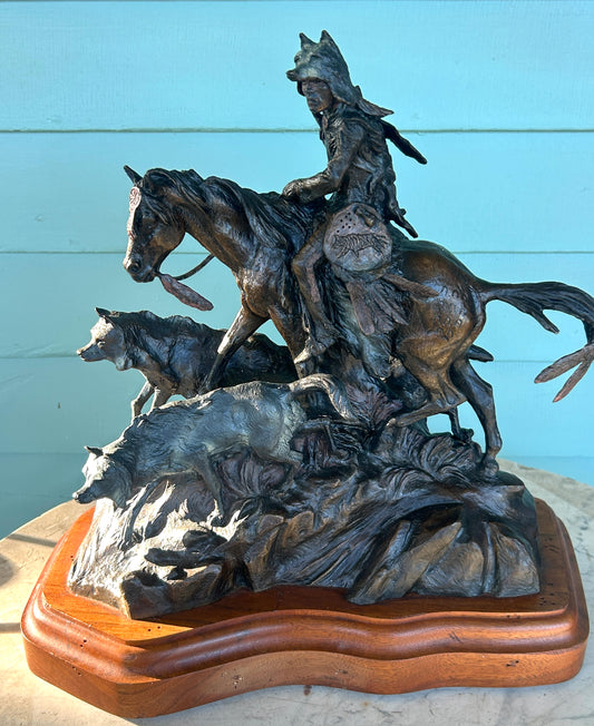 KEN PAYNE BRONZE SCULPTURE OF NATIVE AMERICAN ON HORSE AND THREE WOLVES