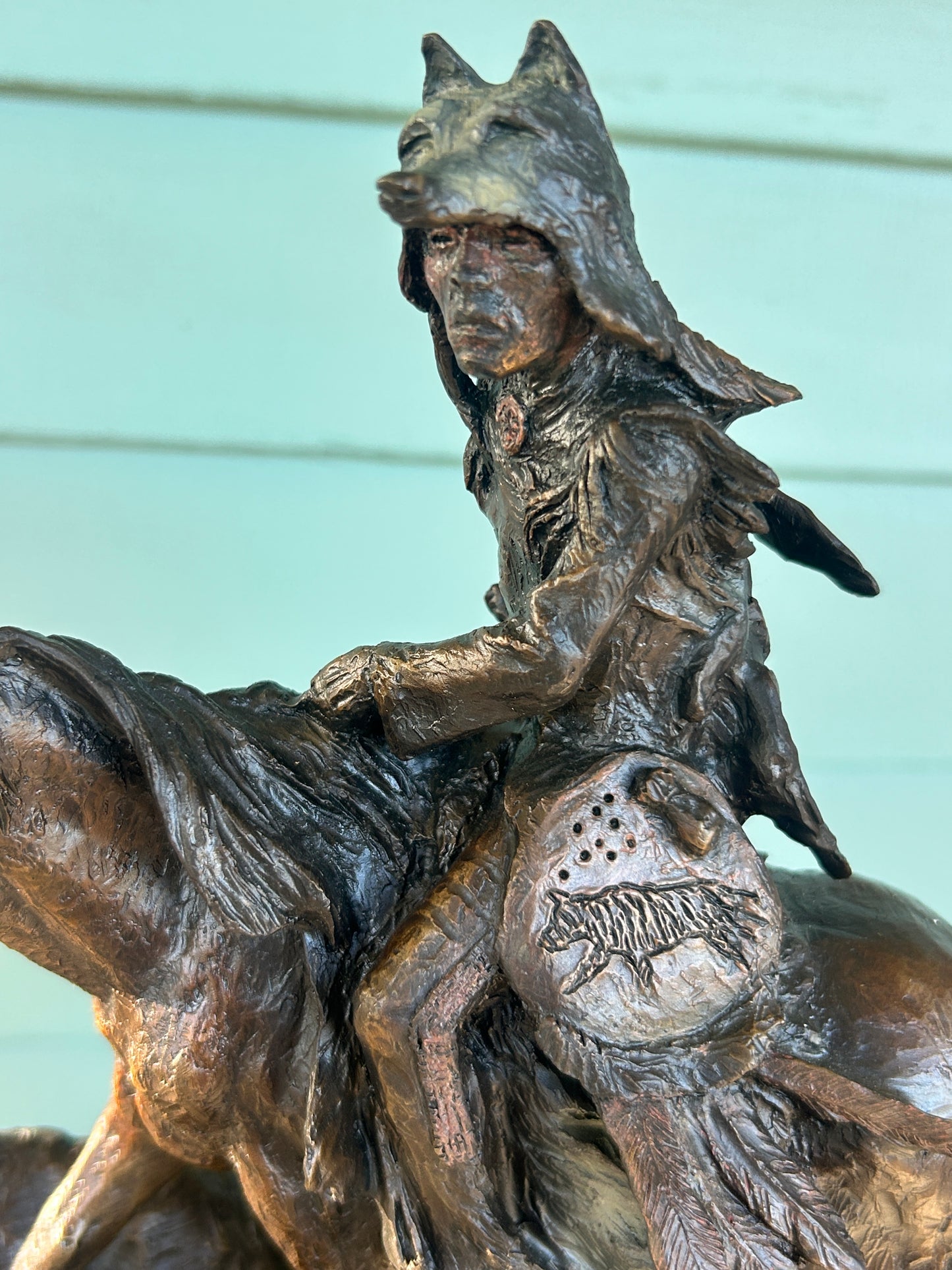 KEN PAYNE BRONZE SCULPTURE OF NATIVE AMERICAN ON HORSE AND THREE WOLVES