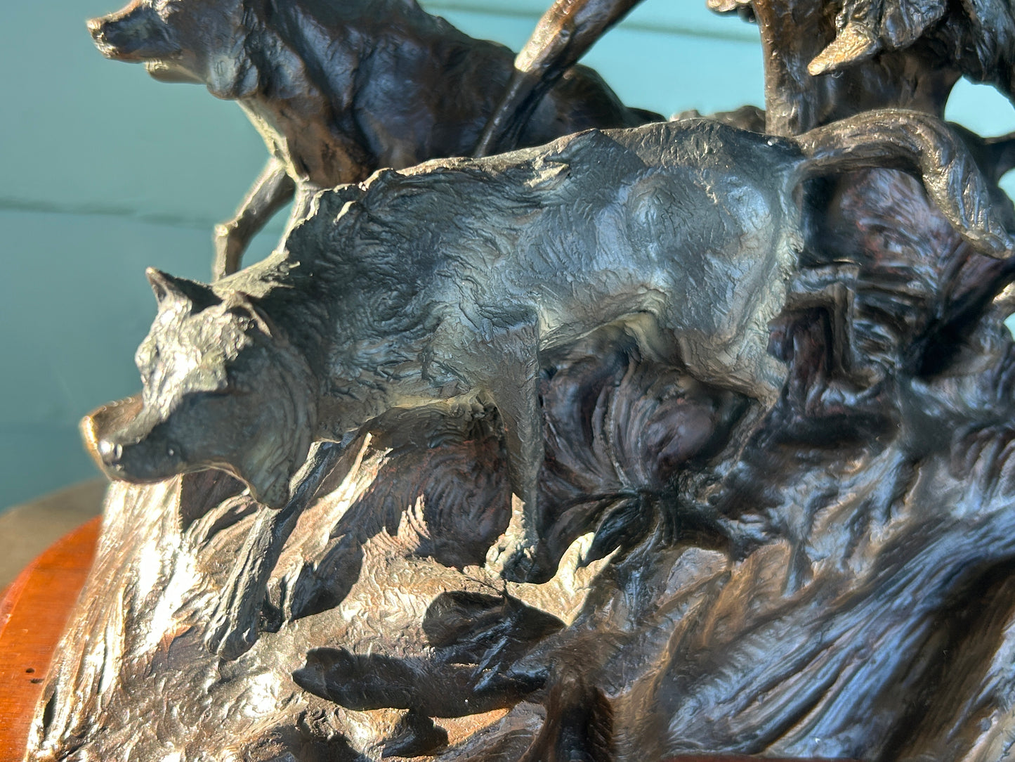 KEN PAYNE BRONZE SCULPTURE OF NATIVE AMERICAN ON HORSE AND THREE WOLVES