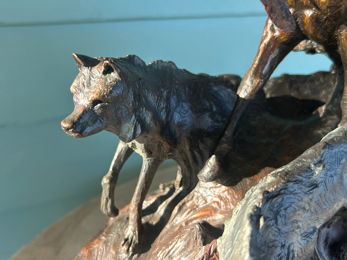 KEN PAYNE BRONZE SCULPTURE OF NATIVE AMERICAN ON HORSE AND THREE WOLVES