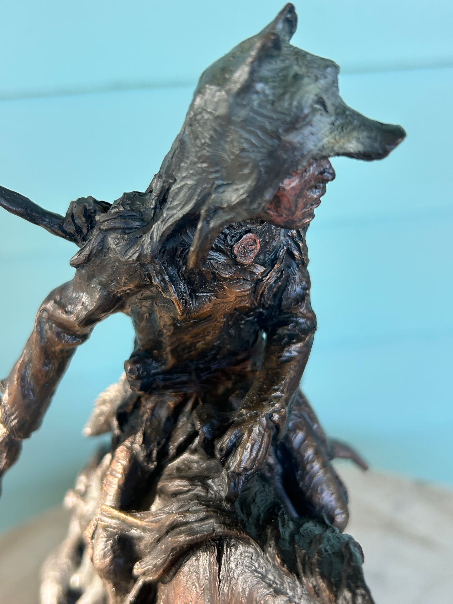 KEN PAYNE BRONZE SCULPTURE OF NATIVE AMERICAN ON HORSE AND THREE WOLVES