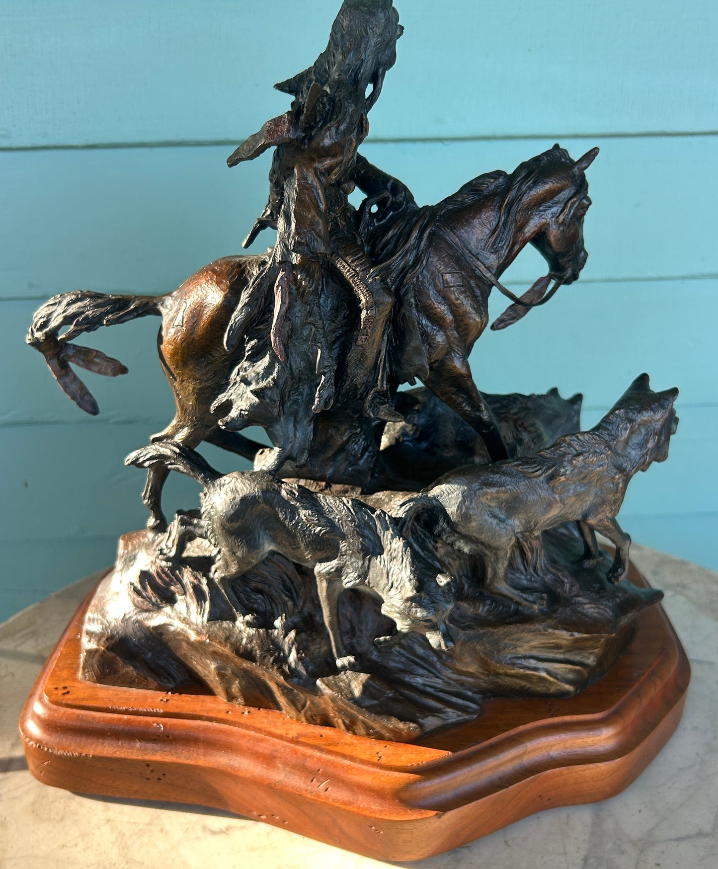 KEN PAYNE BRONZE SCULPTURE OF NATIVE AMERICAN ON HORSE AND THREE WOLVES