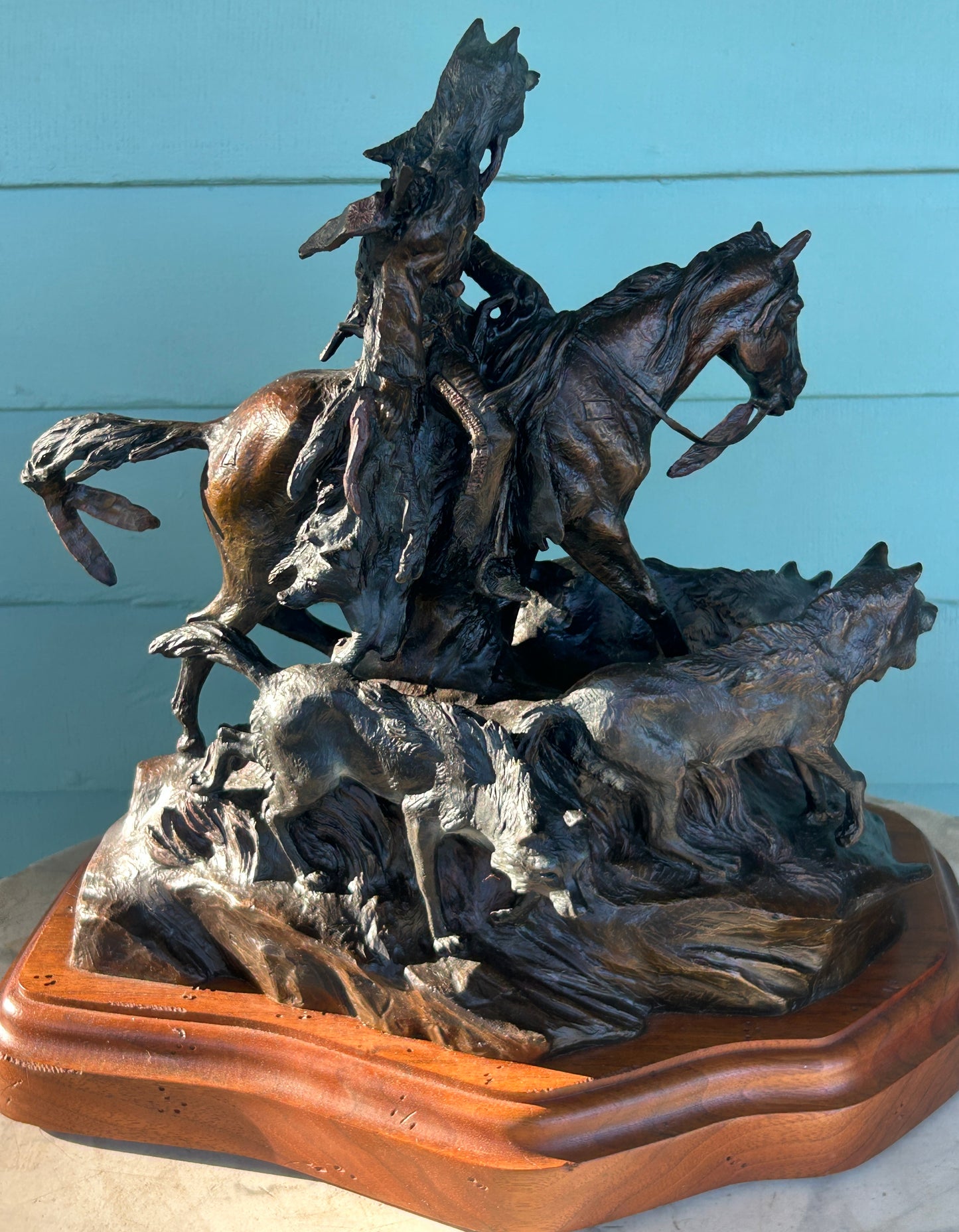 KEN PAYNE BRONZE SCULPTURE OF NATIVE AMERICAN ON HORSE AND THREE WOLVES