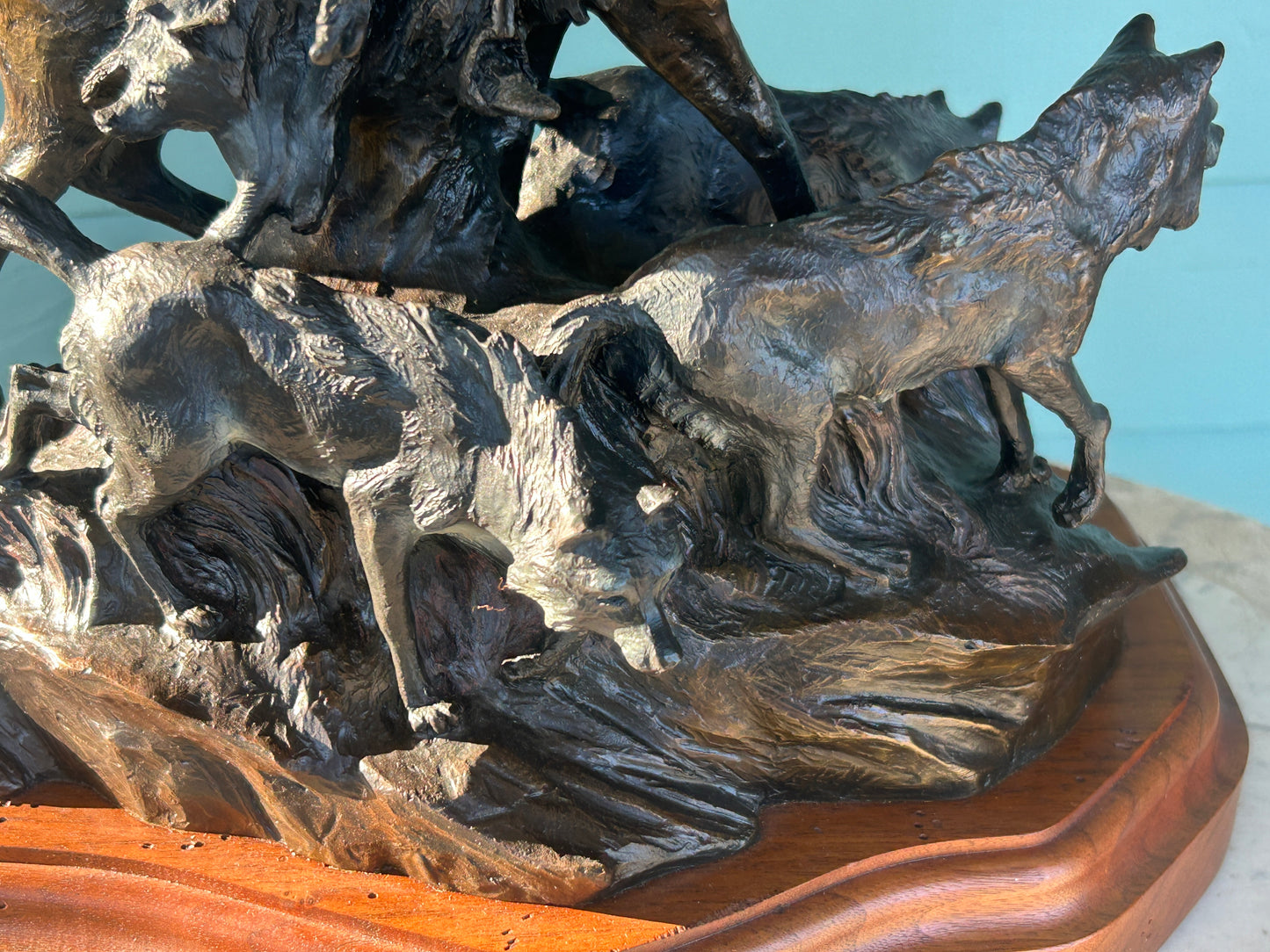 KEN PAYNE BRONZE SCULPTURE OF NATIVE AMERICAN ON HORSE AND THREE WOLVES