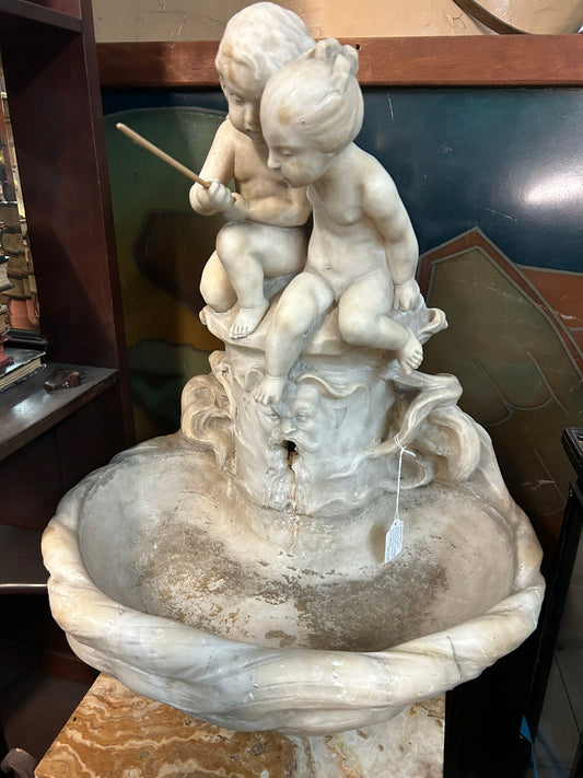 ANTIQUE MARBLE SMALL FOUNTAIN WITH BOY AND GIRL FISHING