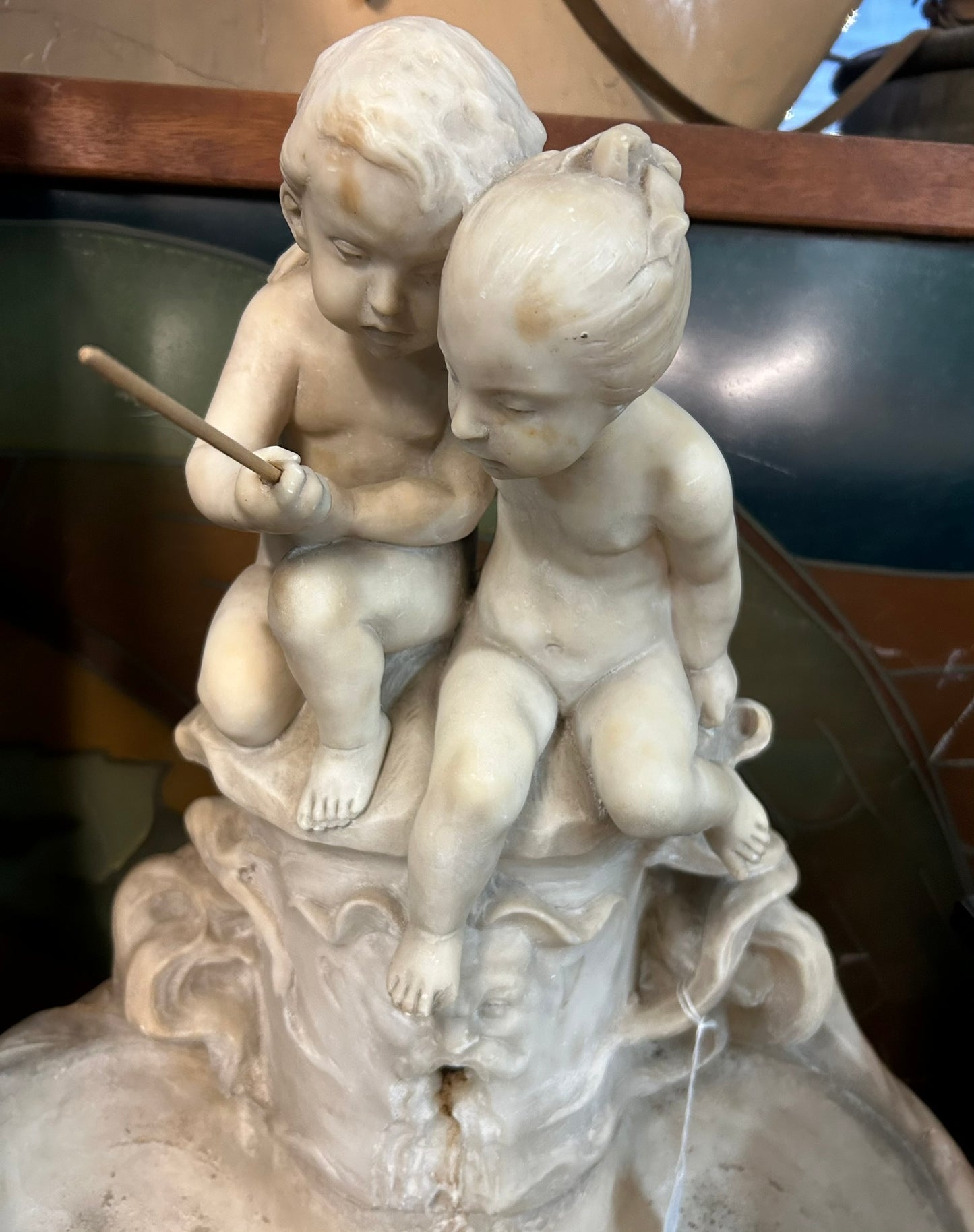ANTIQUE MARBLE SMALL FOUNTAIN WITH BOY AND GIRL FISHING