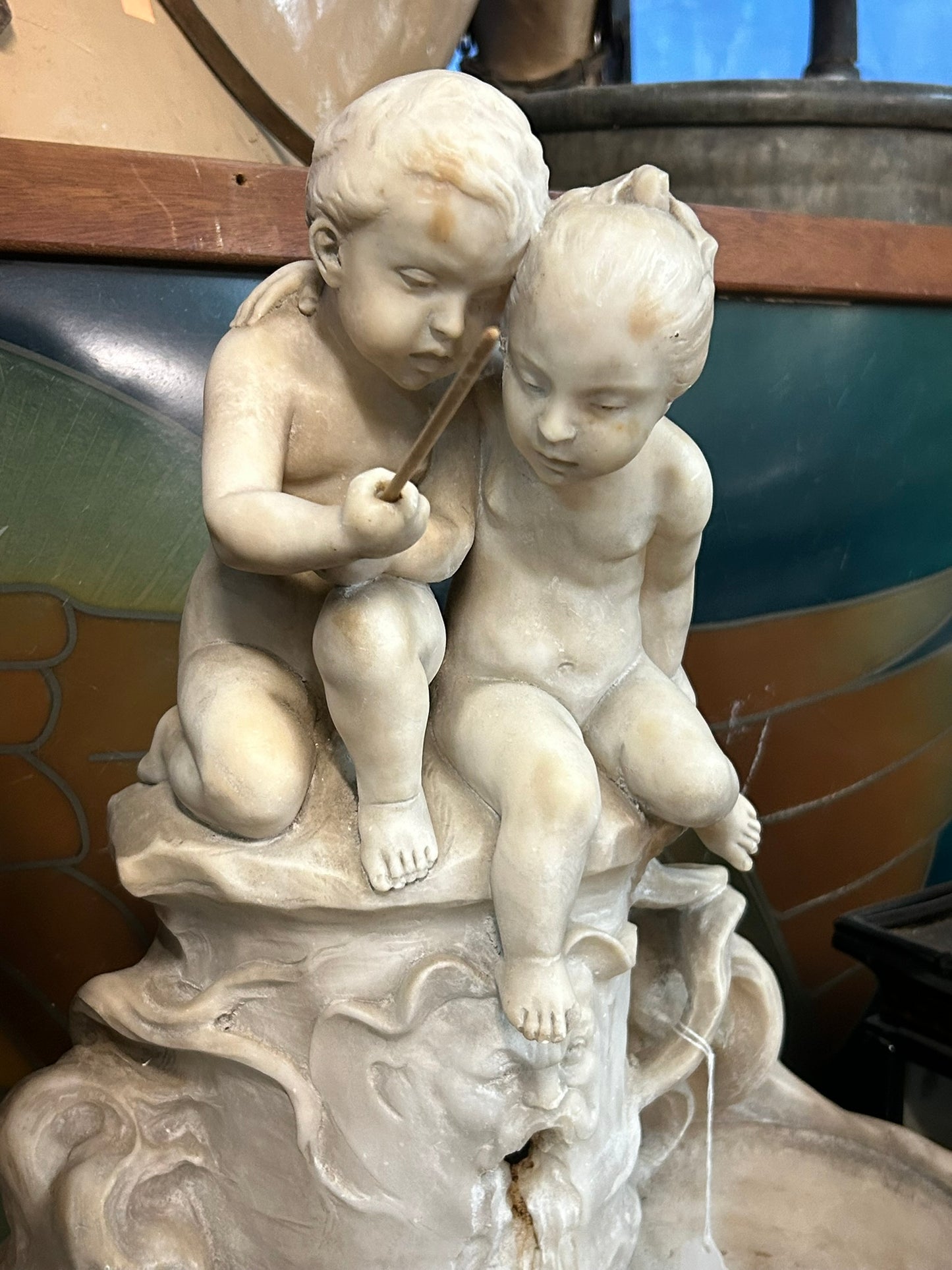 ANTIQUE MARBLE SMALL FOUNTAIN WITH BOY AND GIRL FISHING
