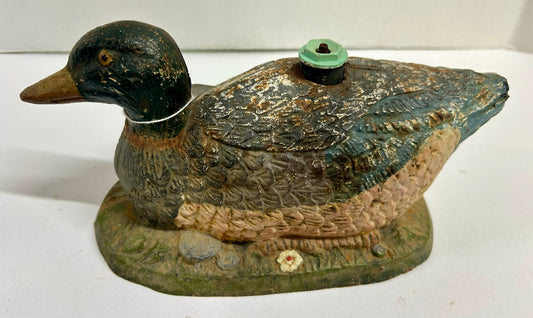 ANTIQUE CAST IRON FIGURAL DUCK ON GRASS LAWN SPRINKLER