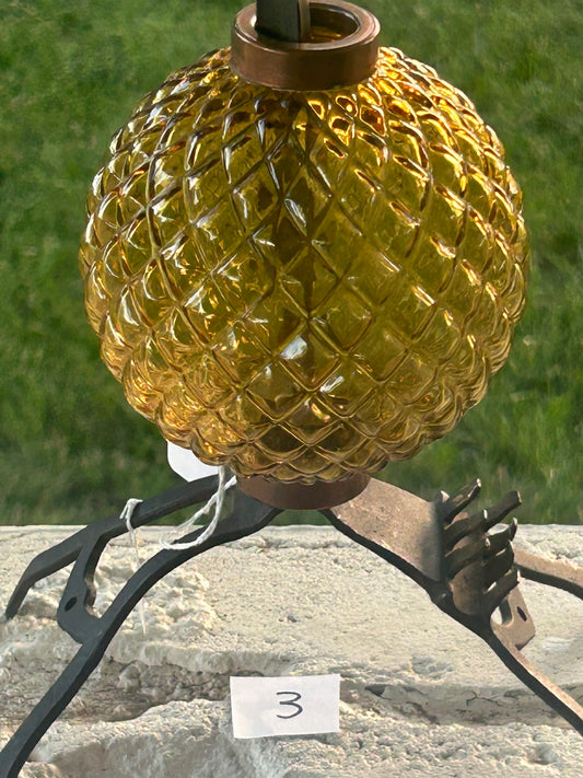 ANTIQUE LIGHTNING ROD GLASS BALL AMBER RAISED DIAMOND QUILTED