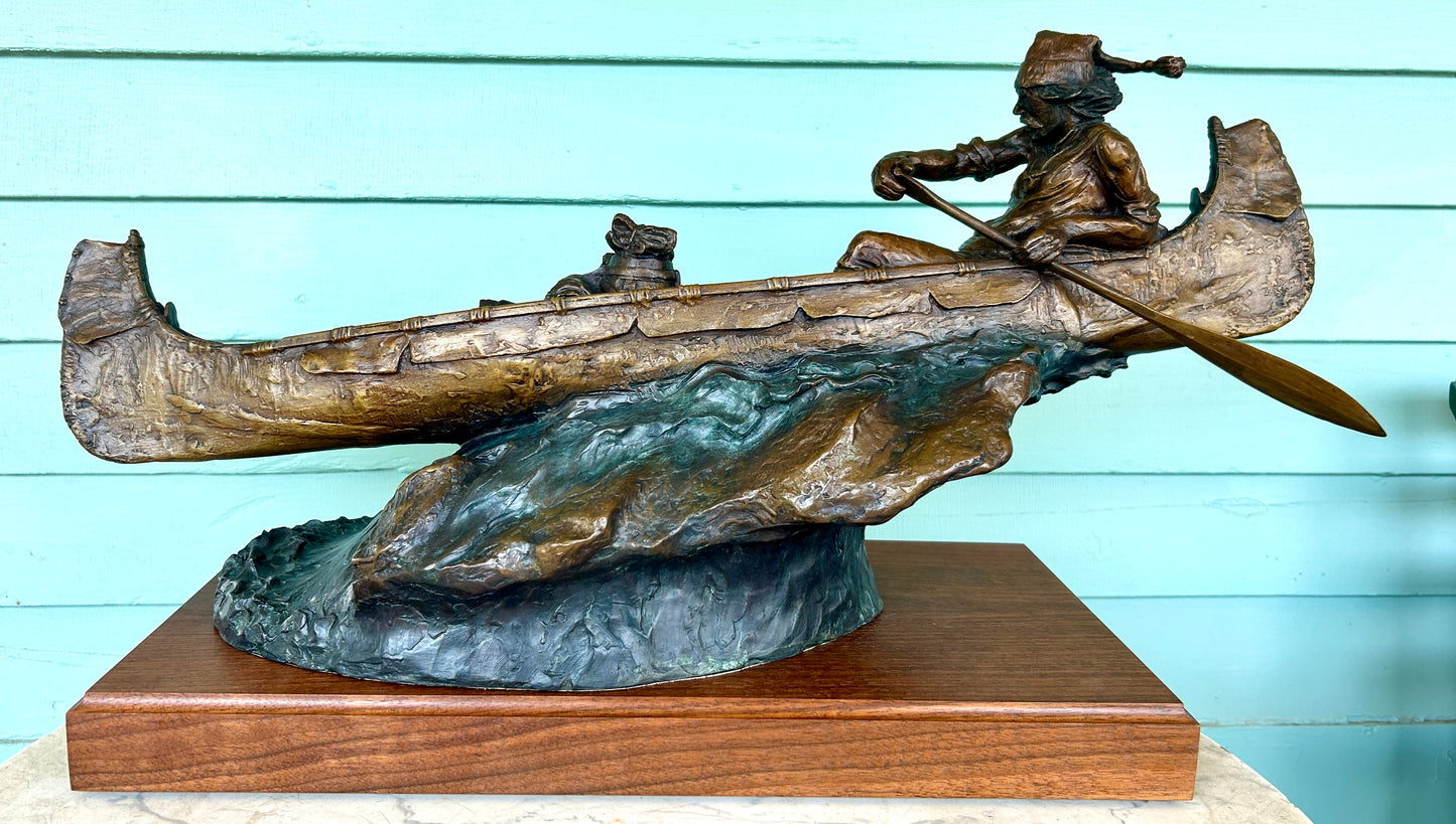 WILLIAM J. KOELPIN SR. WISCONSIN BRONZE SCULPTURE OF FUR TRAPPER IN BOAT