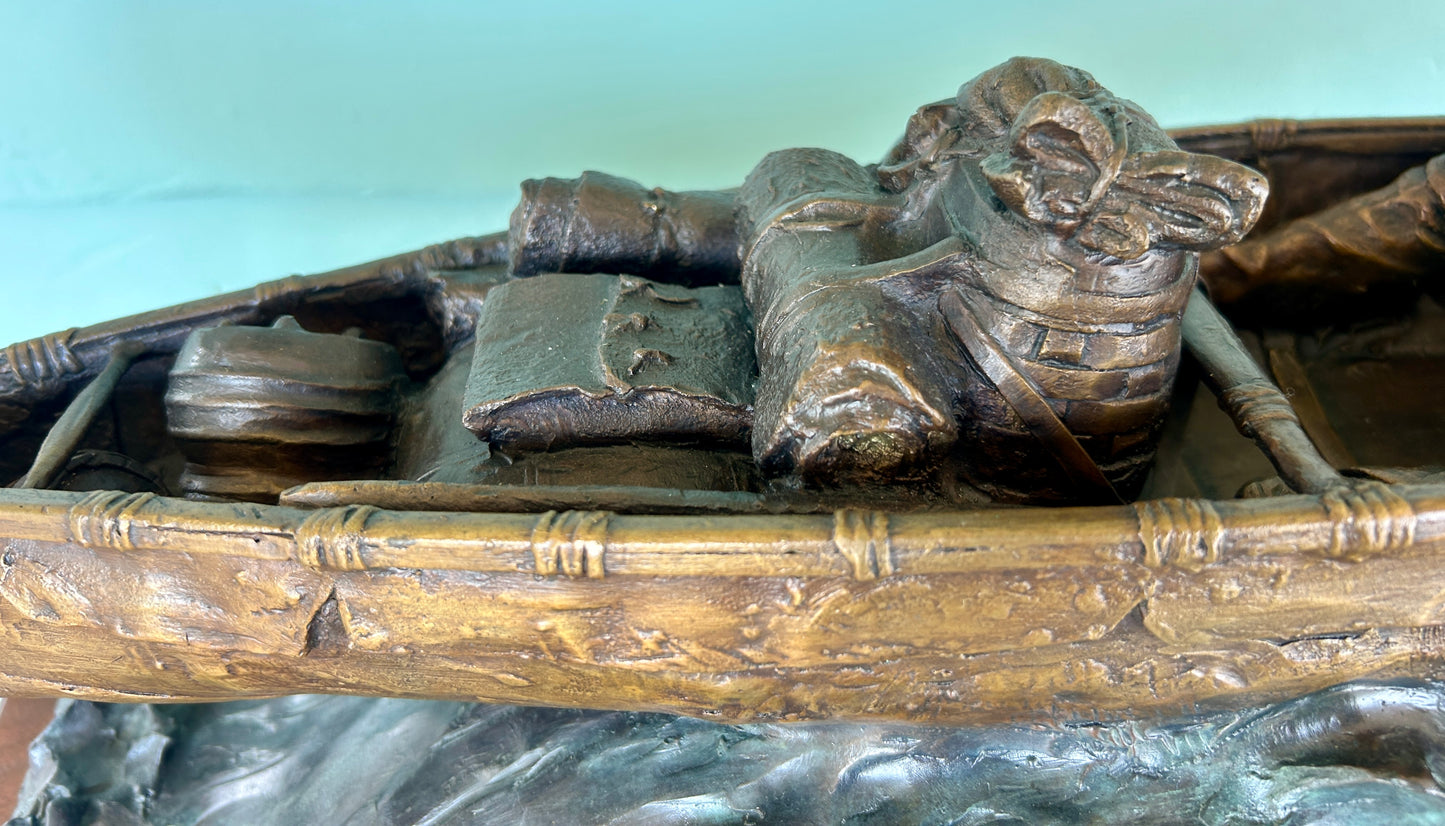 WILLIAM J. KOELPIN SR. WISCONSIN BRONZE SCULPTURE OF FUR TRAPPER IN BOAT