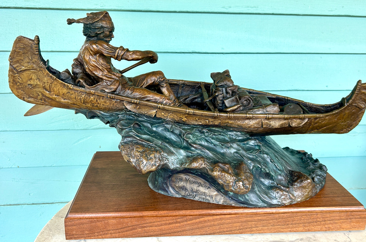 WILLIAM J. KOELPIN SR. WISCONSIN BRONZE SCULPTURE OF FUR TRAPPER IN BOAT