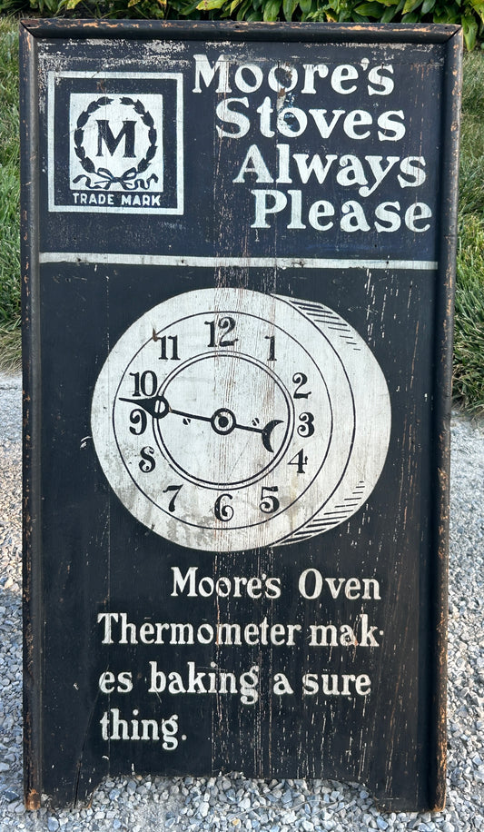 MOORE STOVE ANTIQUE ADVERTISING SIDEWALK WOODEN DOUBLE SIGN