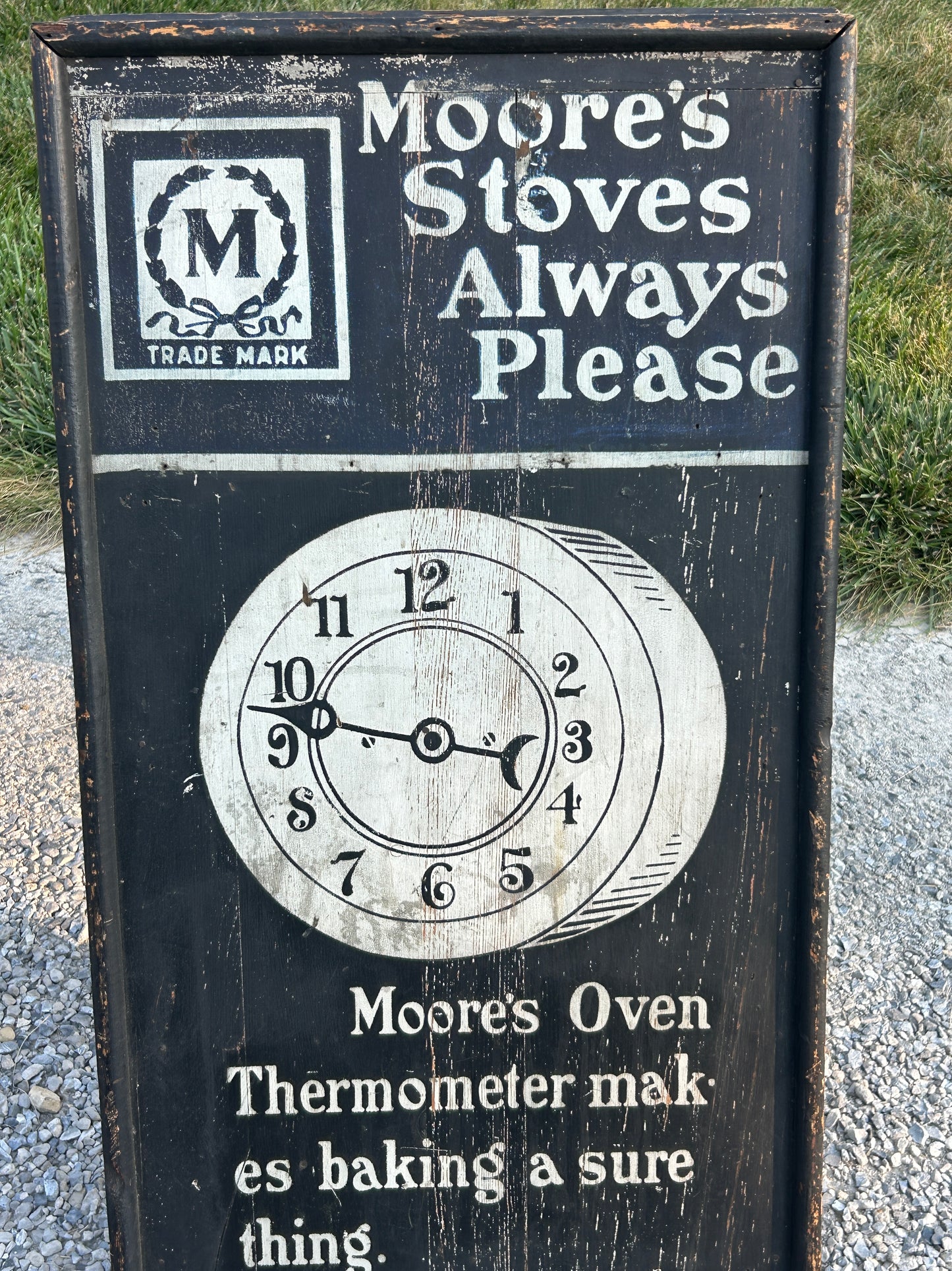 MOORE STOVE ANTIQUE ADVERTISING SIDEWALK WOODEN DOUBLE SIGN