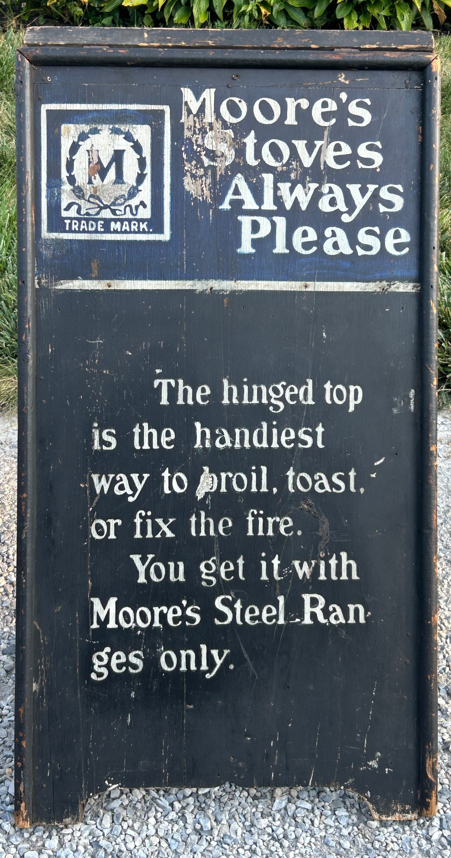 MOORE STOVE ANTIQUE ADVERTISING SIDEWALK WOODEN DOUBLE SIGN