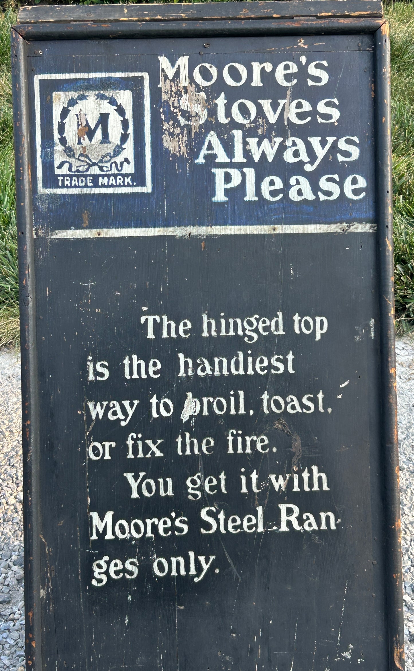 MOORE STOVE ANTIQUE ADVERTISING SIDEWALK WOODEN DOUBLE SIGN