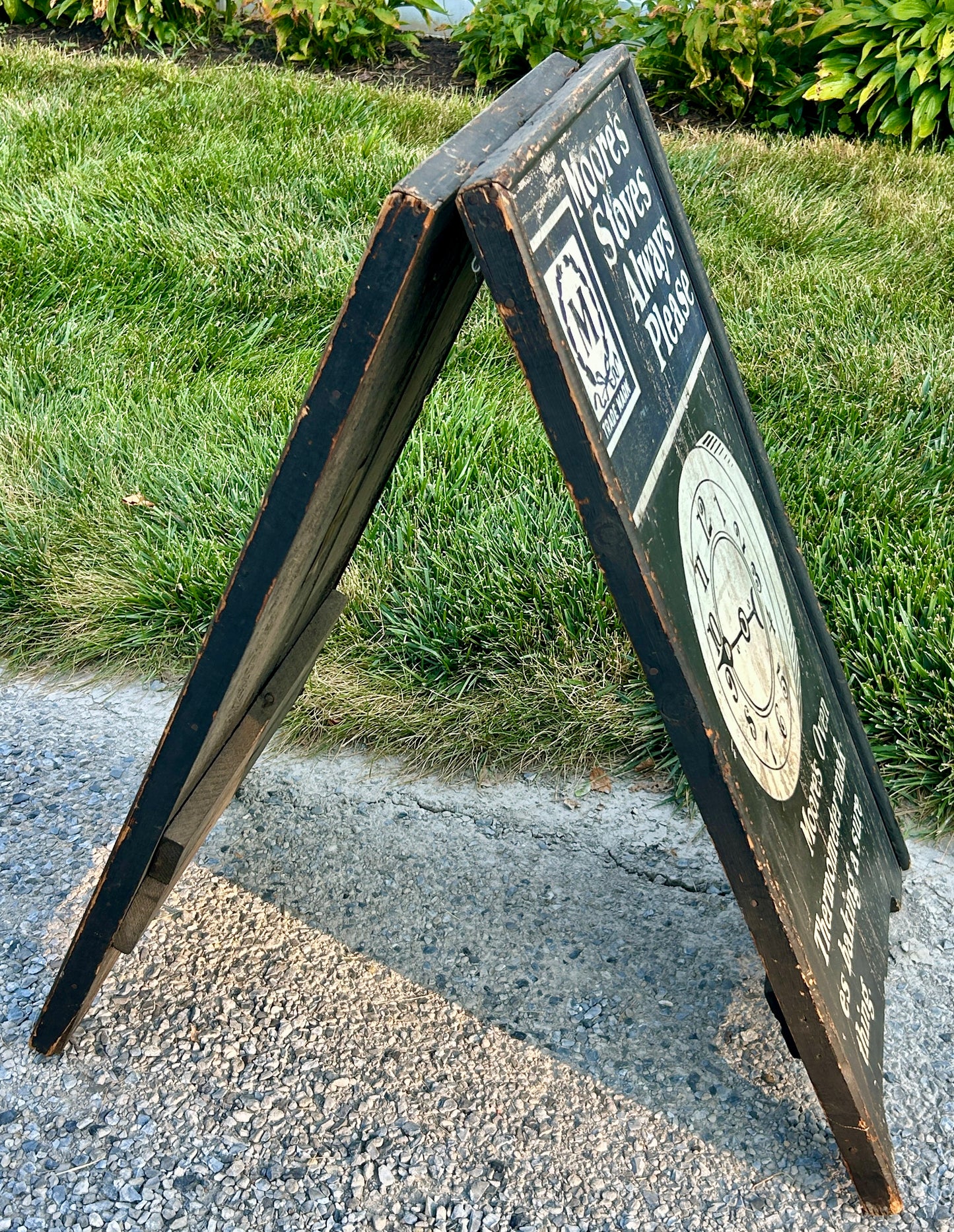 MOORE STOVE ANTIQUE ADVERTISING SIDEWALK WOODEN DOUBLE SIGN