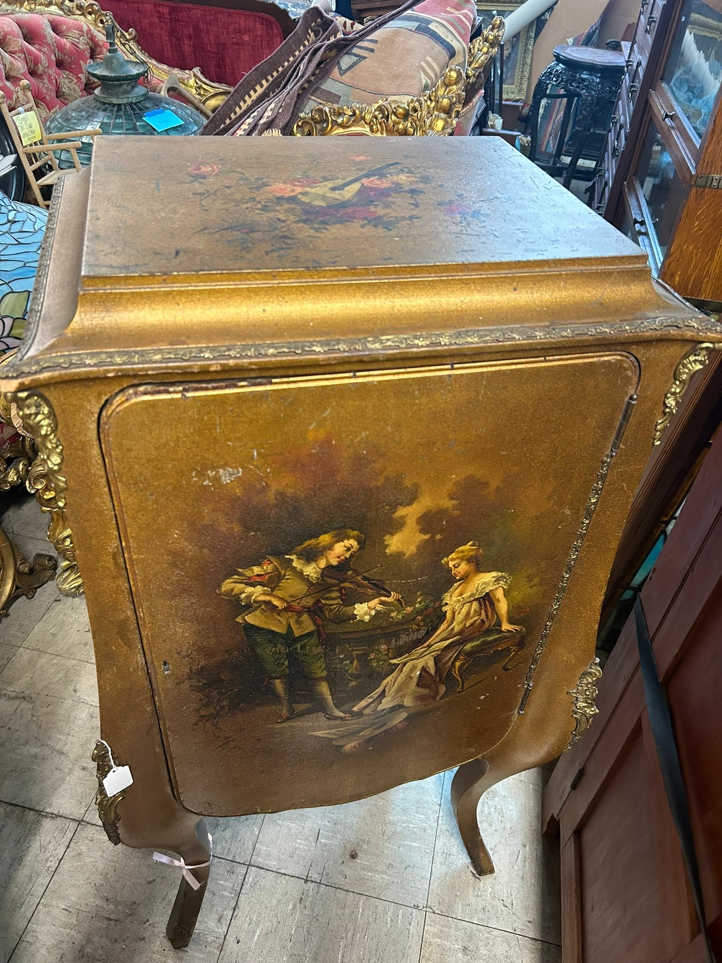 ANTIQUE EARLY 1900's MUSIC CABINET WITH HAND PAINTED FIGURES