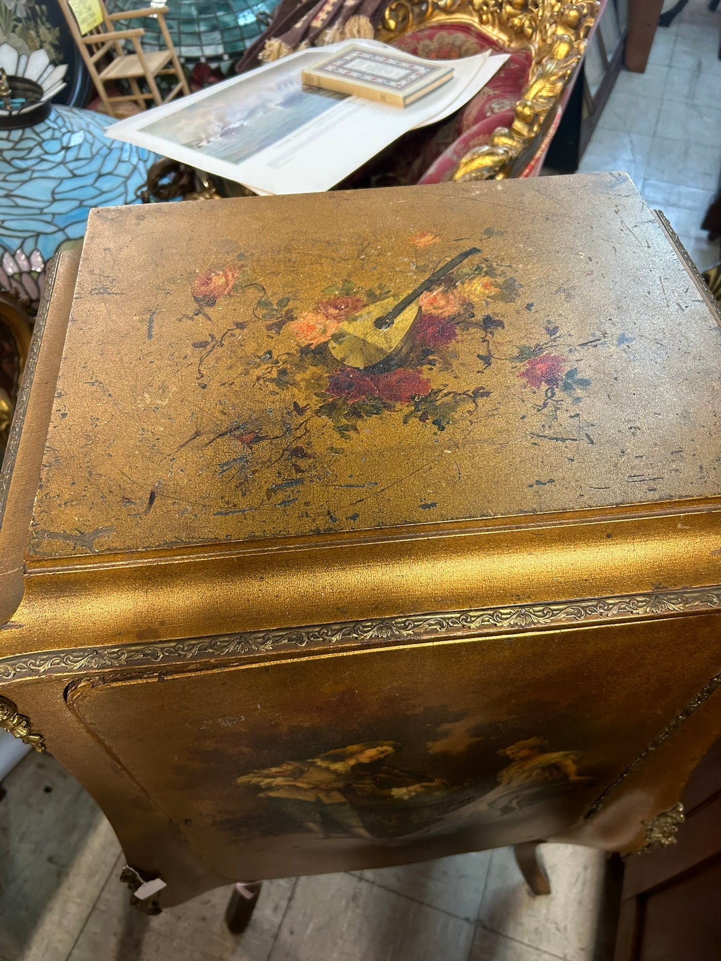 ANTIQUE EARLY 1900's MUSIC CABINET WITH HAND PAINTED FIGURES