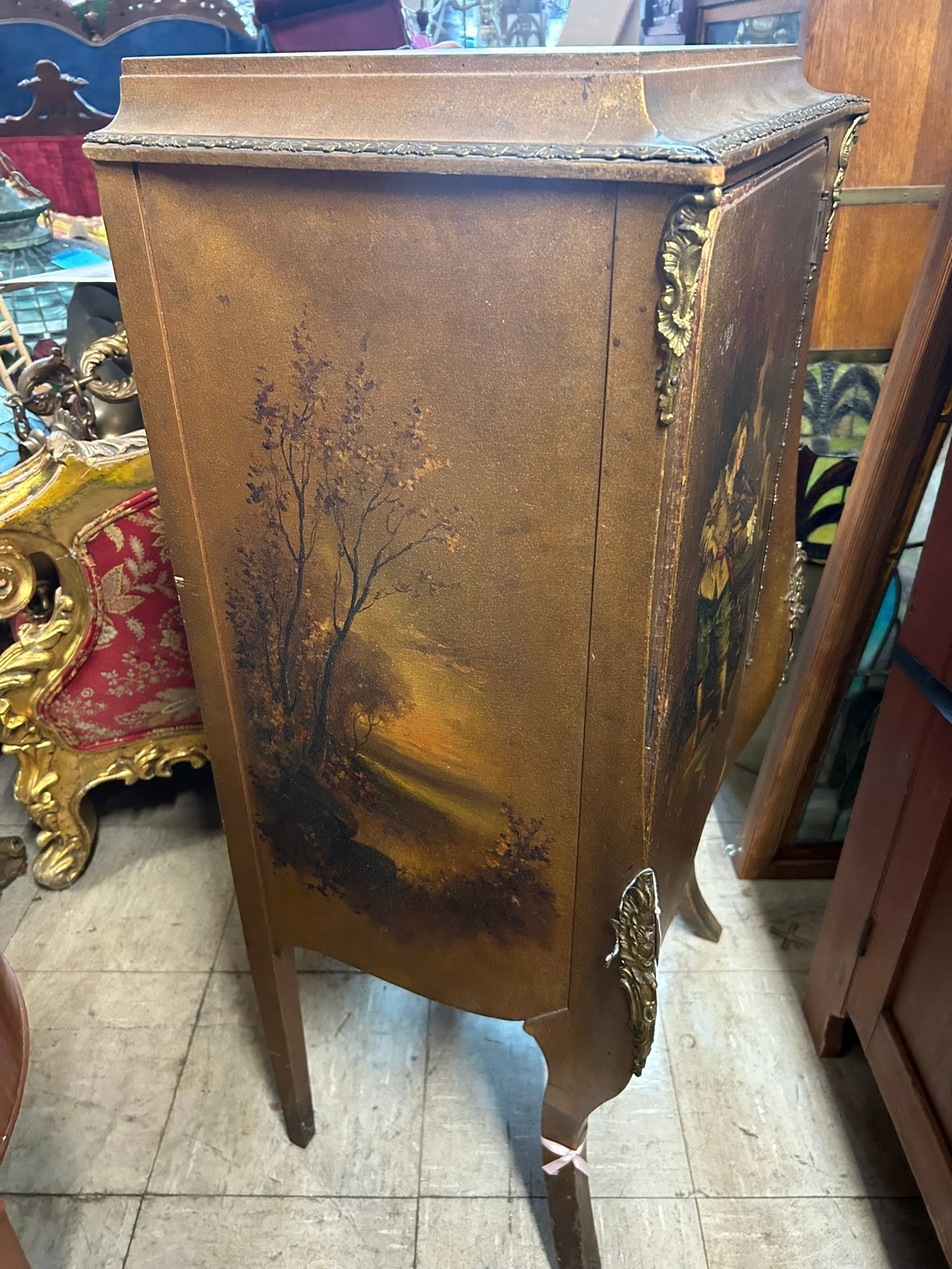 ANTIQUE EARLY 1900's MUSIC CABINET WITH HAND PAINTED FIGURES