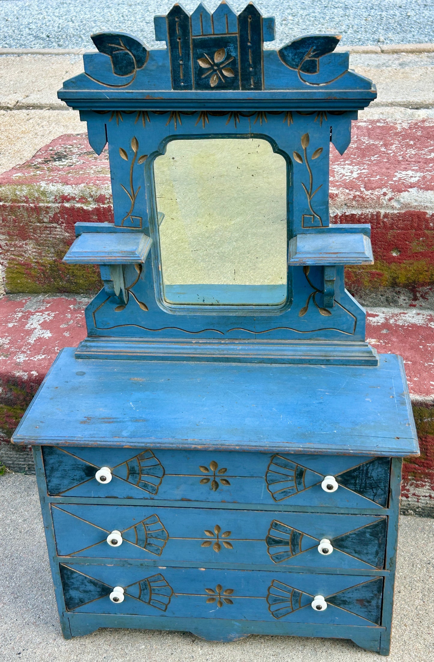 EARLY BLUE PAINTED ANTIQUE DOLL DRESSER