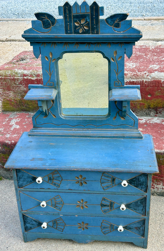 EARLY BLUE PAINTED ANTIQUE DOLL DRESSER
