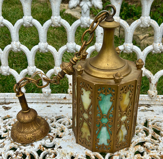 ANTIQUE HANGING SLAG GLASS HALL LAMP