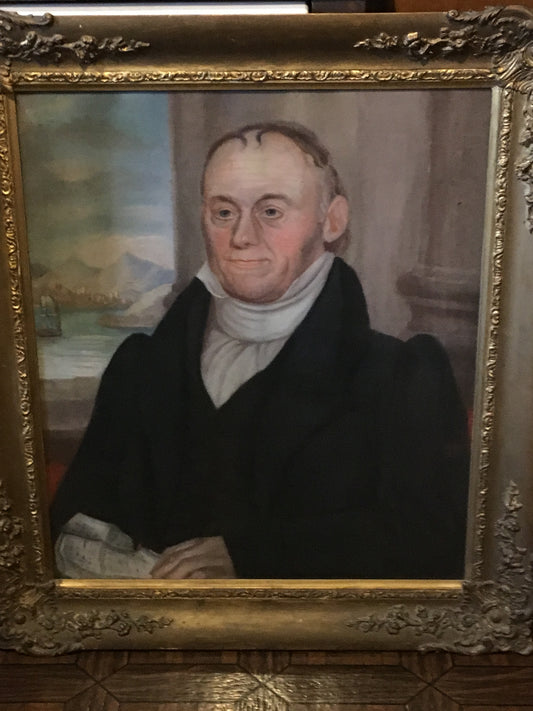 ANTIQUE EARLY 1800'S  SHIP BUILDER PORTRAIT ALONG WITH HIS LIVERPOOL JUG AND EARLY PILLAR AND SCROLL CLOCK AND HISTORY