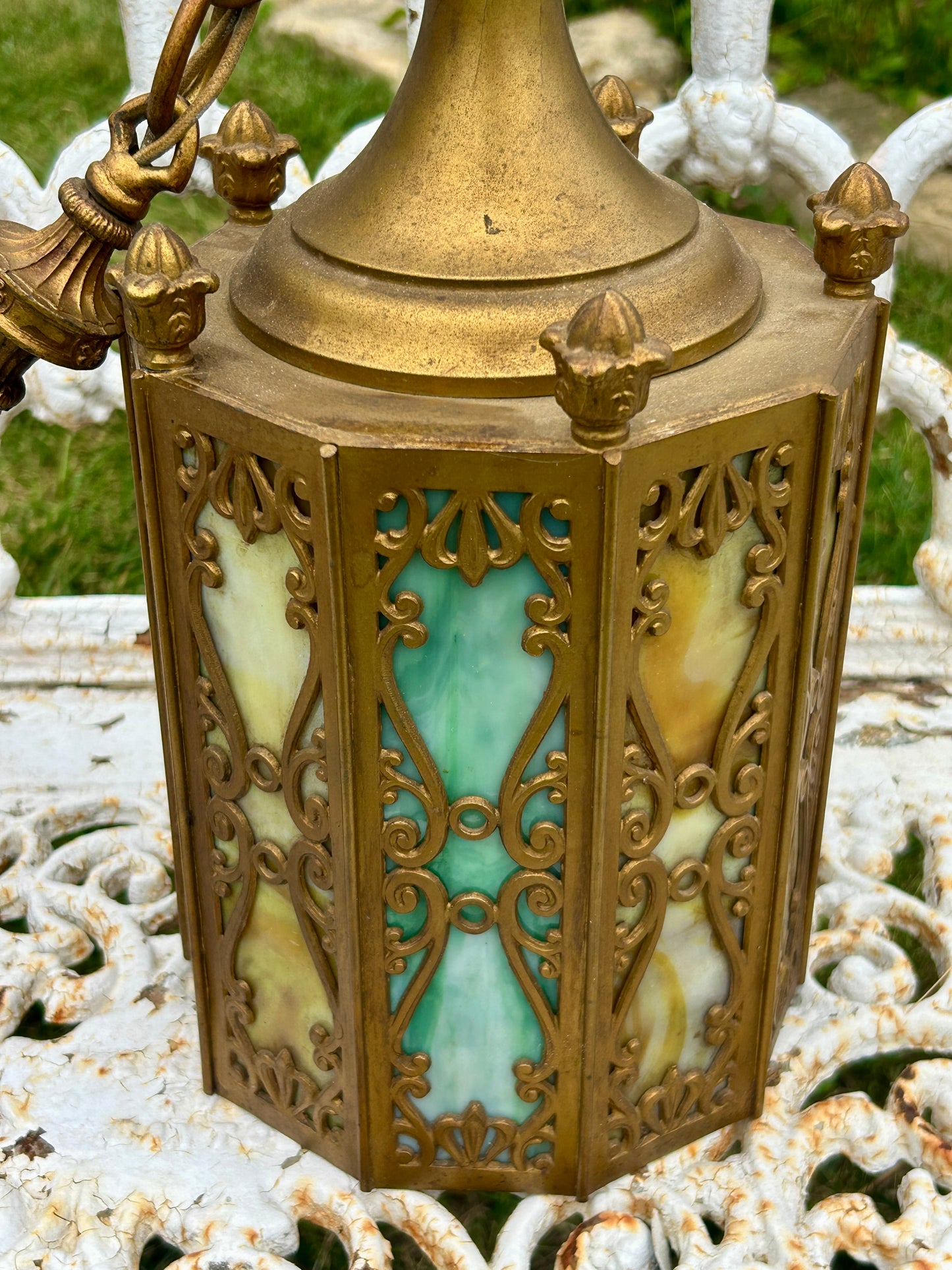 ANTIQUE HANGING SLAG GLASS HALL LAMP