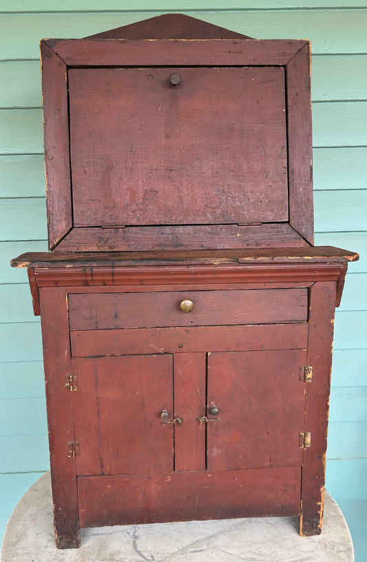 ANTIQUE ORIGINAL RED PAINT CHILDS DROP FRONT TOY CUPBOARD
