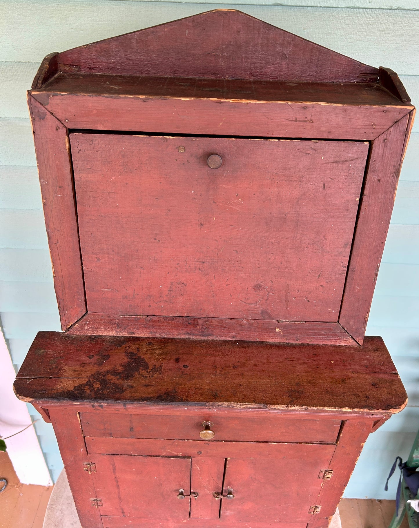 ANTIQUE ORIGINAL RED PAINT CHILDS DROP FRONT TOY CUPBOARD